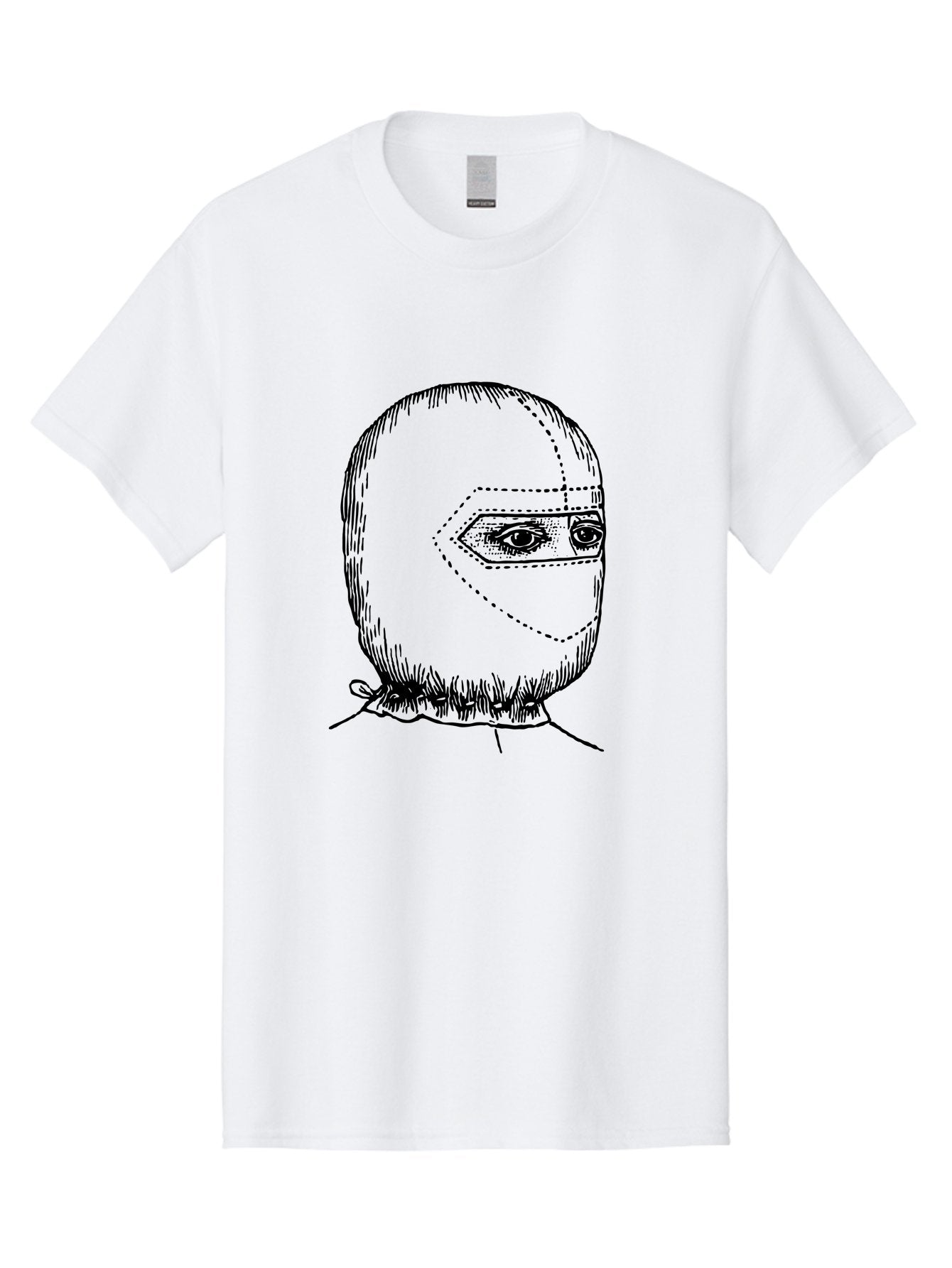 Masked-Figure Men'S Graphic Tee, 100% Cotton, Comfortable Casual Summer Wear, Machine Washable, Burglar Mask, Black And White Illustration, Crime Theme, Robber Costume, Dotted Lines, Facial Features Hidden, Menacing Figure, Sketch Art, Aad633 14