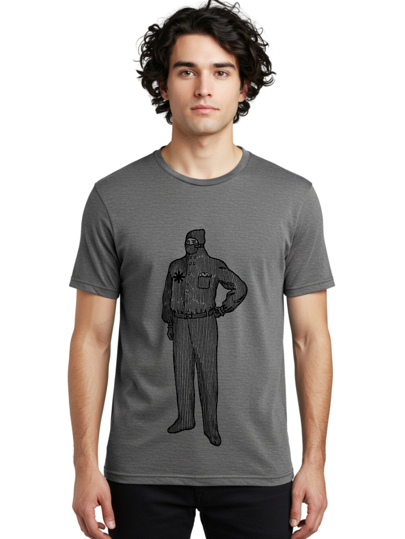 Police-Officer Men'S Graphic Tee, 100% Cotton, Comfortable Casual Summer Wear, Machine Washable, Police Officer, Law Enforcement, Badge On Chest, Hands On Hips, Confident Stance, Uniform Attire, Black Outline, Detailed Drawing Aad643 27