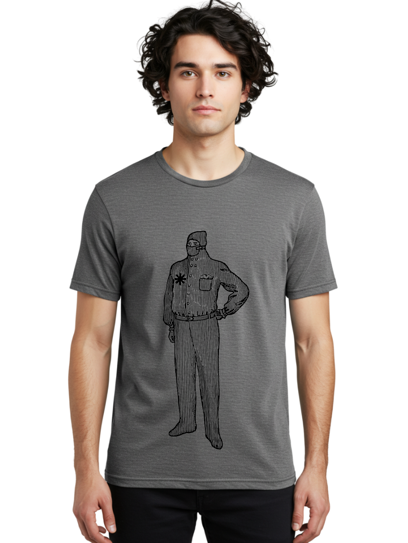 Police-Officer Men'S Graphic Tee, 100% Cotton, Comfortable Casual Summer Wear, Machine Washable, Police Officer, Law Enforcement, Badge On Chest, Hands On Hips, Confident Stance, Uniform Attire, Black Outline, Detailed Drawing Aad643 8