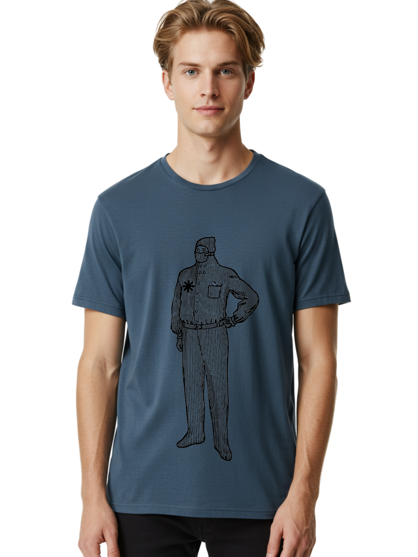 Police-Officer Men'S Graphic Tee, 100% Cotton, Comfortable Casual Summer Wear, Machine Washable, Police Officer, Law Enforcement, Badge On Chest, Hands On Hips, Confident Stance, Uniform Attire, Black Outline, Detailed Drawing Aad643 30