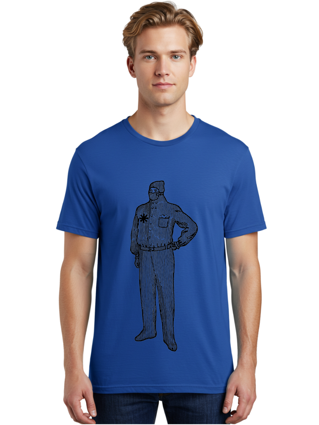 Police-Officer Men'S Graphic Tee, 100% Cotton, Comfortable Casual Summer Wear, Machine Washable, Police Officer, Law Enforcement, Badge On Chest, Hands On Hips, Confident Stance, Uniform Attire, Black Outline, Detailed Drawing Aad643