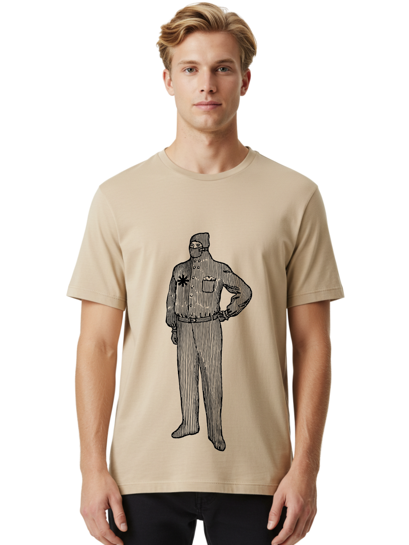 Police-Officer Men'S Graphic Tee, 100% Cotton, Comfortable Casual Summer Wear, Machine Washable, Police Officer, Law Enforcement, Badge On Chest, Hands On Hips, Confident Stance, Uniform Attire, Black Outline, Detailed Drawing Aad643 26