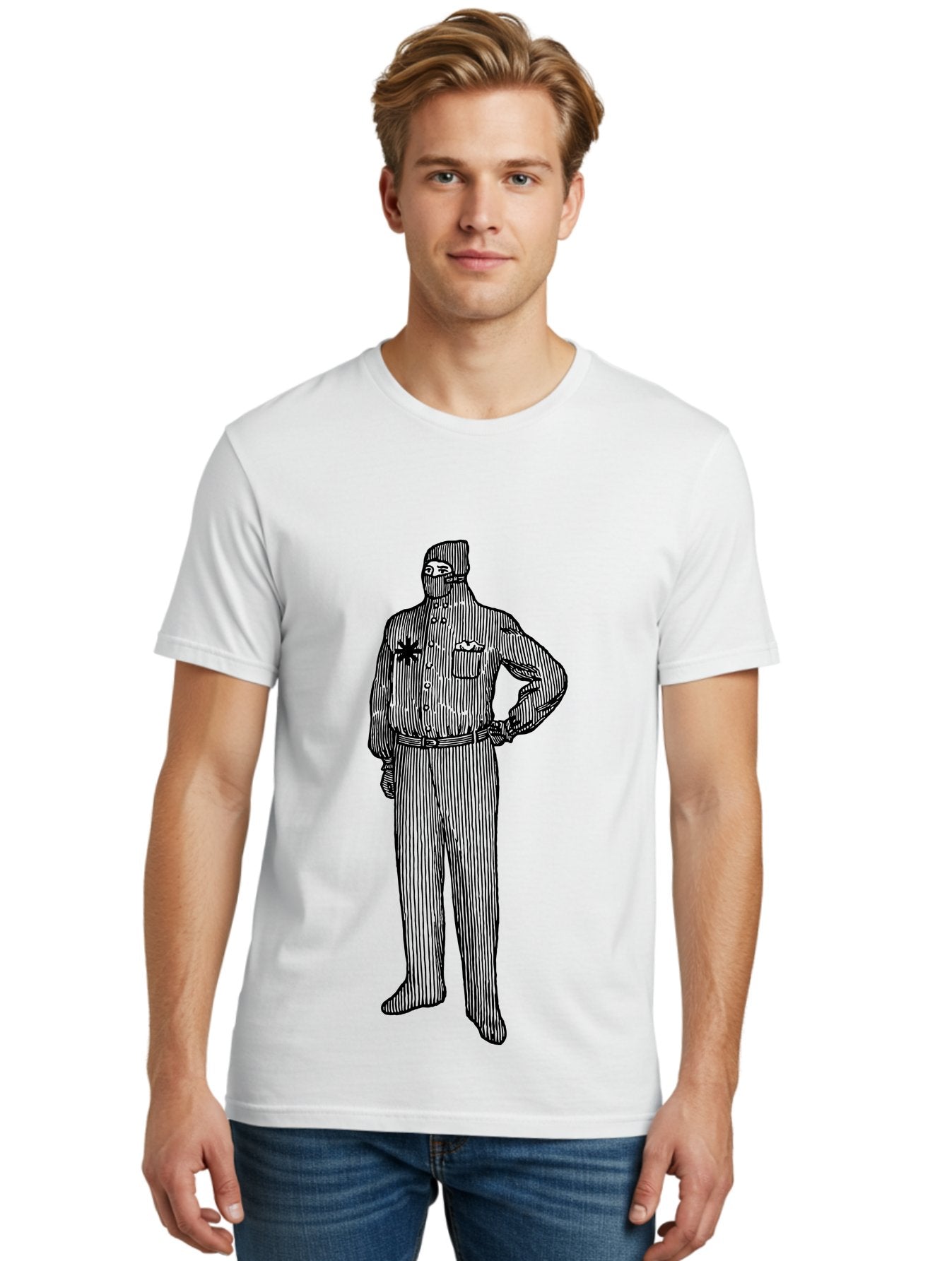 Police-Officer Men'S Graphic Tee, 100% Cotton, Comfortable Casual Summer Wear, Machine Washable, Police Officer, Law Enforcement, Badge On Chest, Hands On Hips, Confident Stance, Uniform Attire, Black Outline, Detailed Drawing Aad643 18