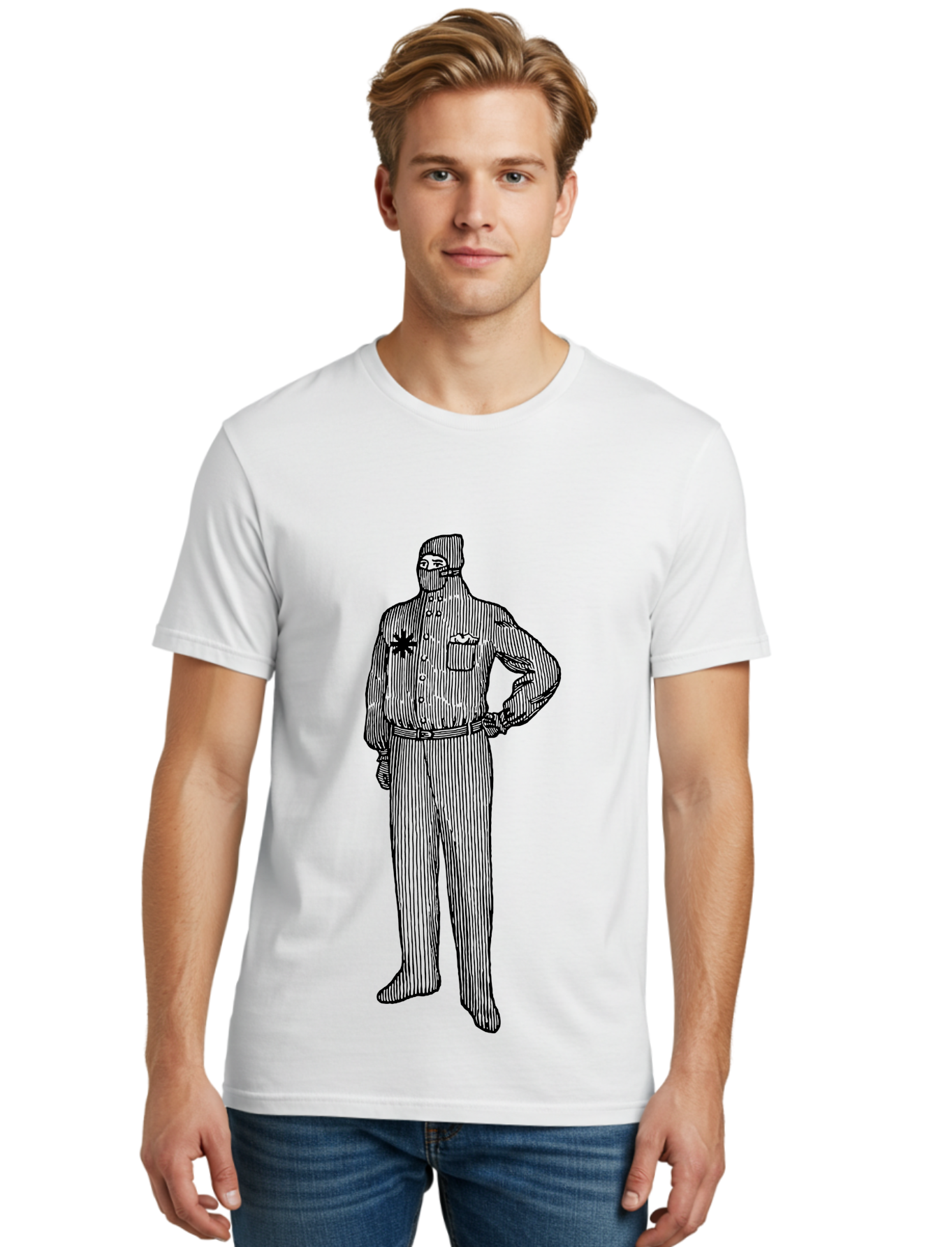 Police-Officer Men'S Graphic Tee, 100% Cotton, Comfortable Casual Summer Wear, Machine Washable, Police Officer, Law Enforcement, Badge On Chest, Hands On Hips, Confident Stance, Uniform Attire, Black Outline, Detailed Drawing Aad643 24