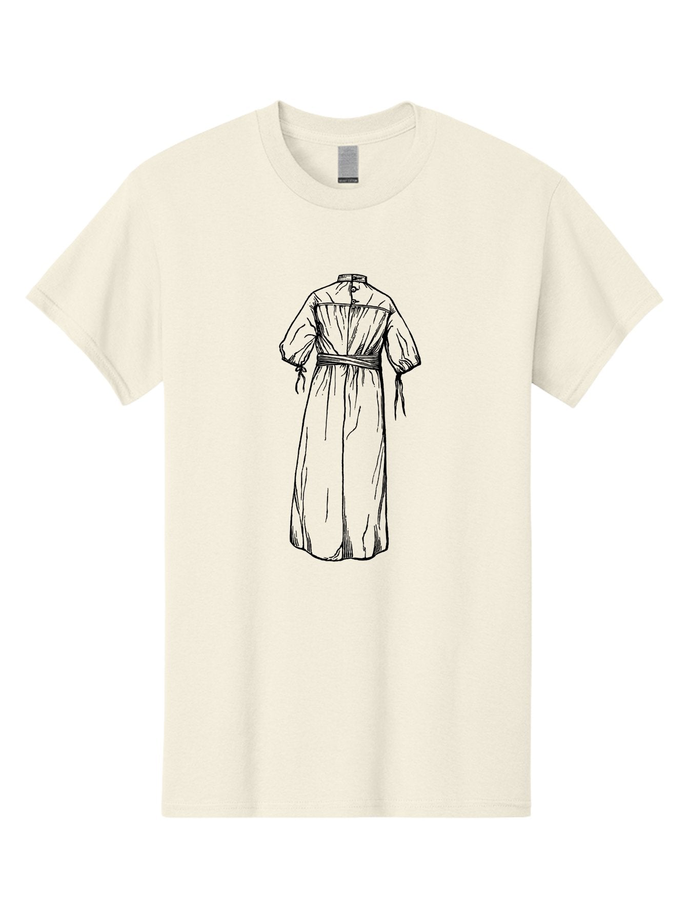 Smock-Dress Men'S Graphic Tee, 100% Cotton, Comfortable Casual Summer Wear, Machine Washable, Long Dress Illustration, Minimalist Fashion, Simple Clothing Design, High Neckline, Puffy Sleeves, Belted Waist, Elegant Style, Classic Garment, Aad650 15