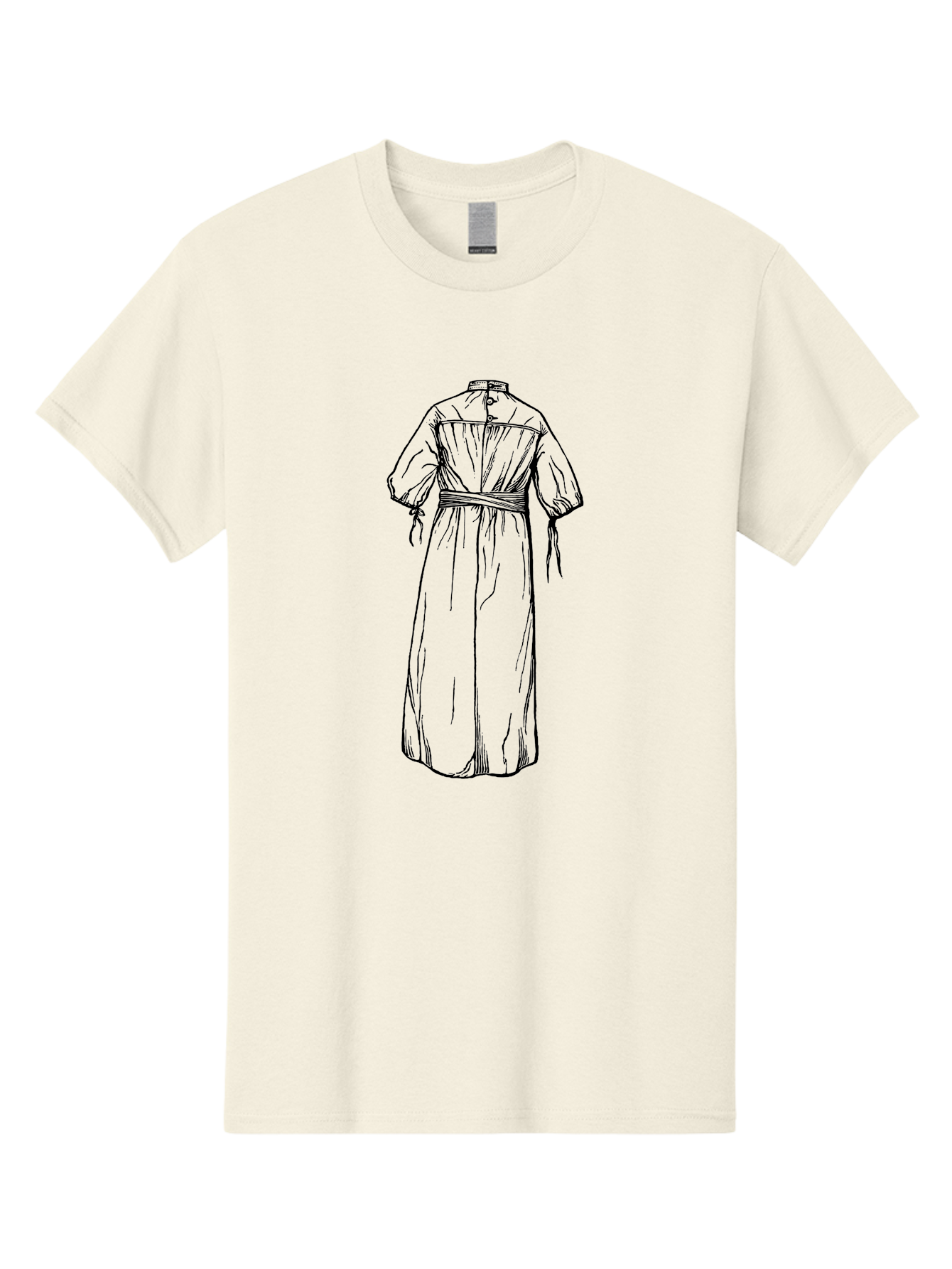Smock-Dress Men'S Graphic Tee, 100% Cotton, Comfortable Casual Summer Wear, Machine Washable, Long Dress Illustration, Minimalist Fashion, Simple Clothing Design, High Neckline, Puffy Sleeves, Belted Waist, Elegant Style, Classic Garment, Aad650