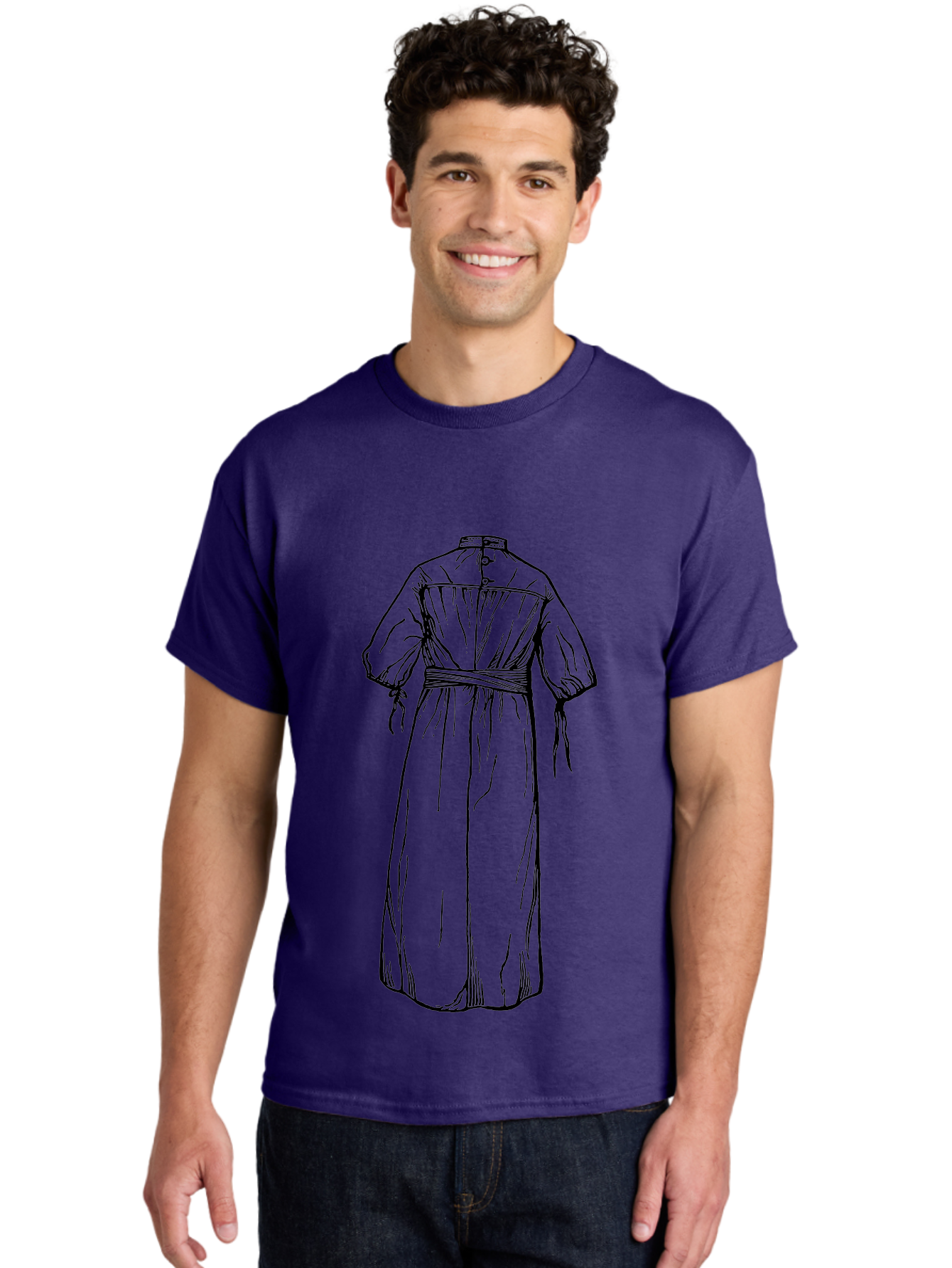 Smock-Dress Men'S Graphic Tee, 100% Cotton, Comfortable Casual Summer Wear, Machine Washable, Long Dress Illustration, Minimalist Fashion, Simple Clothing Design, High Neckline, Puffy Sleeves, Belted Waist, Elegant Style, Classic Garment, Aad650 12