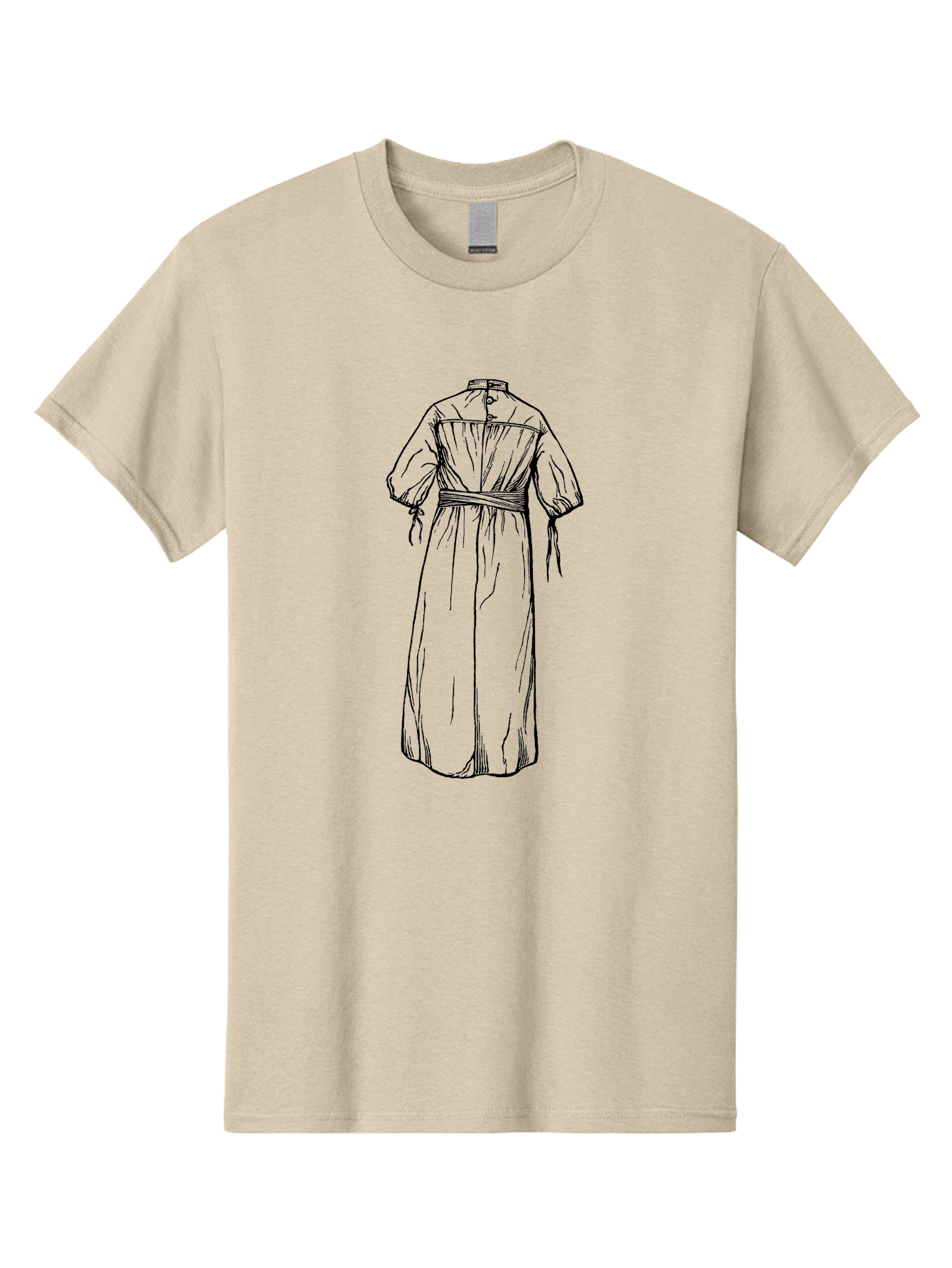 Smock-Dress Men'S Graphic Tee, 100% Cotton, Comfortable Casual Summer Wear, Machine Washable, Long Dress Illustration, Minimalist Fashion, Simple Clothing Design, High Neckline, Puffy Sleeves, Belted Waist, Elegant Style, Classic Garment, Aad650 25