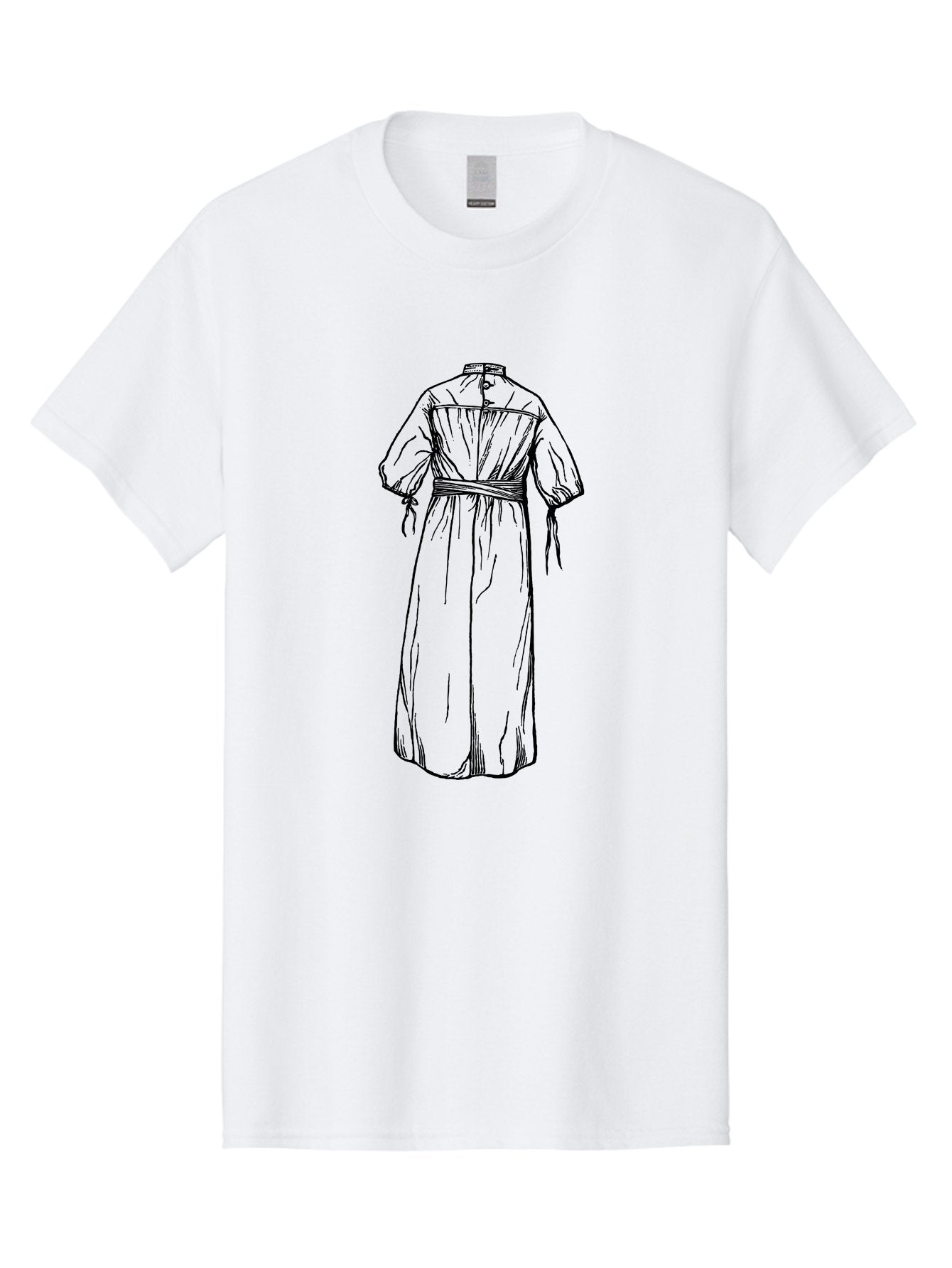 Smock-Dress Men'S Graphic Tee, 100% Cotton, Comfortable Casual Summer Wear, Machine Washable, Long Dress Illustration, Minimalist Fashion, Simple Clothing Design, High Neckline, Puffy Sleeves, Belted Waist, Elegant Style, Classic Garment, Aad650 12