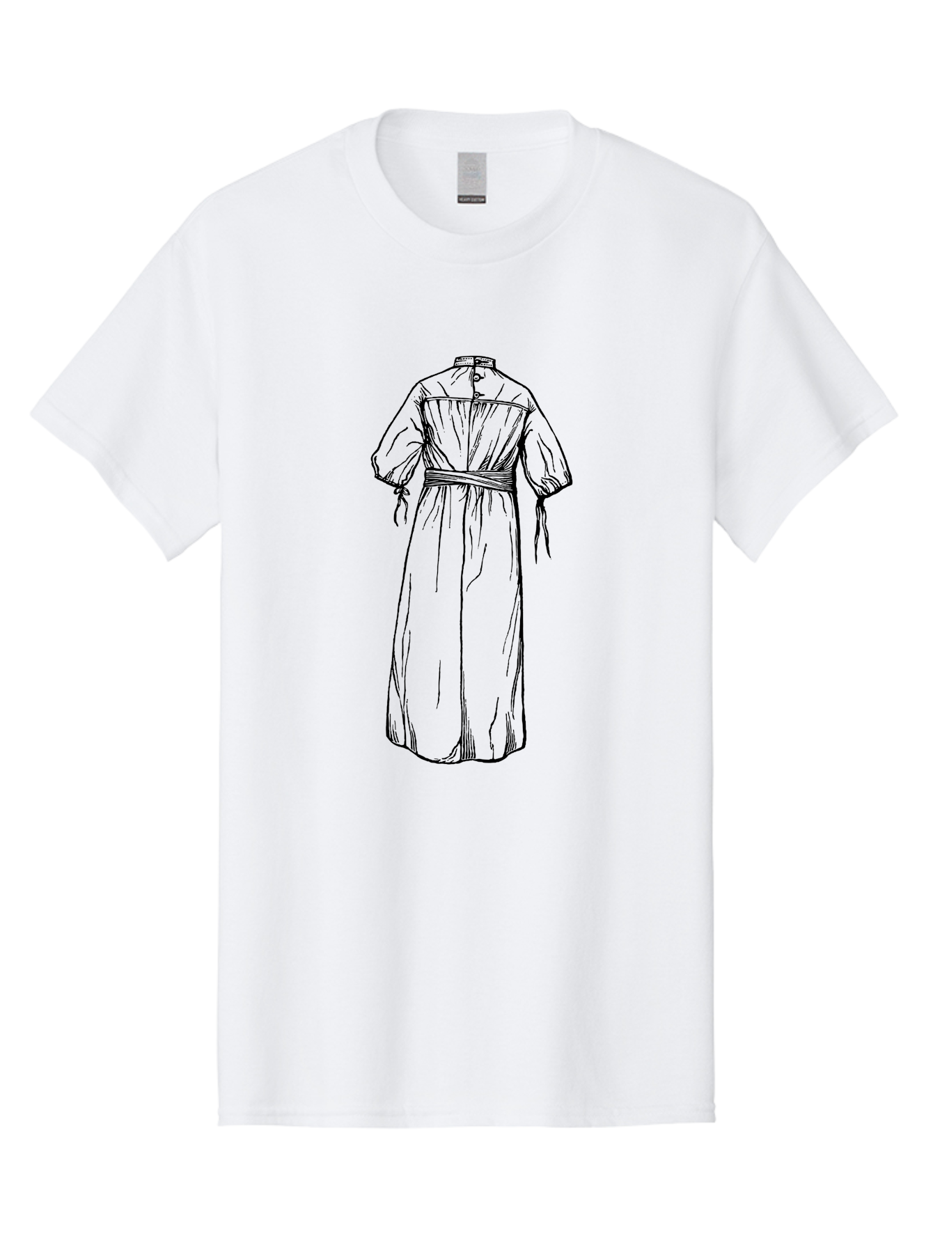 Smock-Dress Men'S Graphic Tee, 100% Cotton, Comfortable Casual Summer Wear, Machine Washable, Long Dress Illustration, Minimalist Fashion, Simple Clothing Design, High Neckline, Puffy Sleeves, Belted Waist, Elegant Style, Classic Garment, Aad650 5