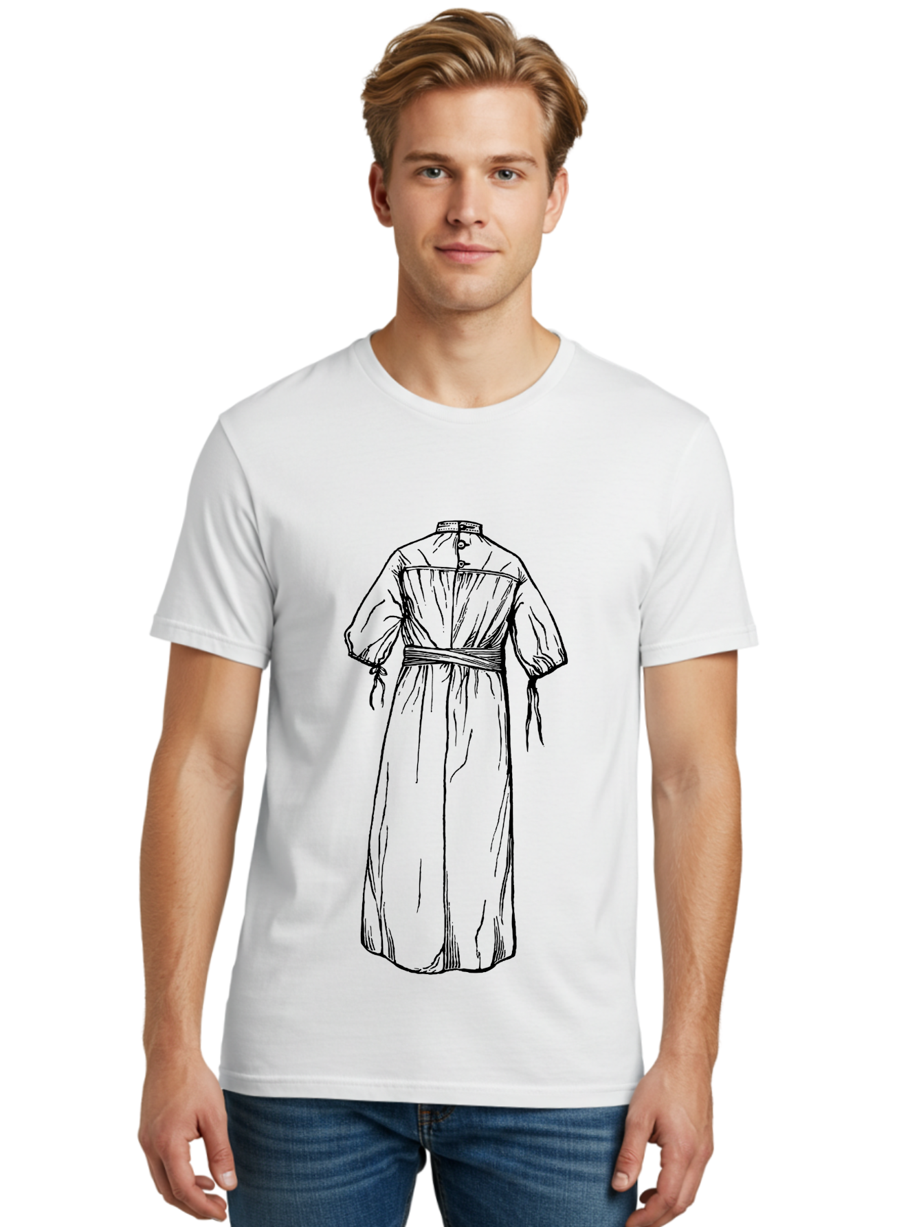 Smock-Dress Men'S Graphic Tee, 100% Cotton, Comfortable Casual Summer Wear, Machine Washable, Long Dress Illustration, Minimalist Fashion, Simple Clothing Design, High Neckline, Puffy Sleeves, Belted Waist, Elegant Style, Classic Garment, Aad650 6