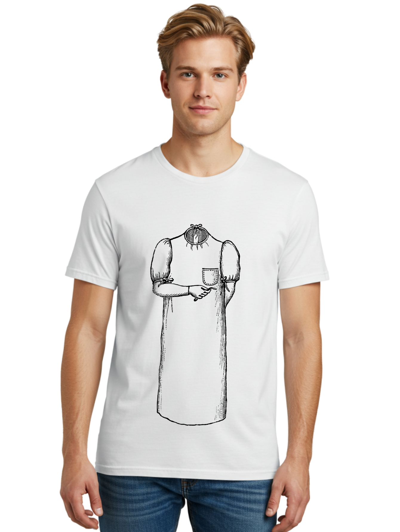 Womanless-Dress Men'S Graphic Tee, 100% Cotton, Comfortable Casual Summer Wear, Machine Washable, Headless Figure, Smock Dress, Victorian Era, Historical Clothing, Fashion Illustration, Black Outline, Simple Design, Artistic Style Aad664 14