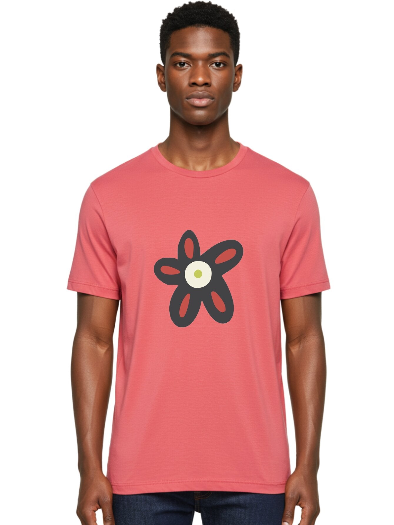 Men'S Graphic Tee, 100% Cotton, Comfortable Casual Summer Wear, Machine Washable, Stylized Flower, Floral Design, Modern Art, Abstract Flower, Minimalist Graphic, Six Petals, Bold Colors, Simple Shapes Aad666 27