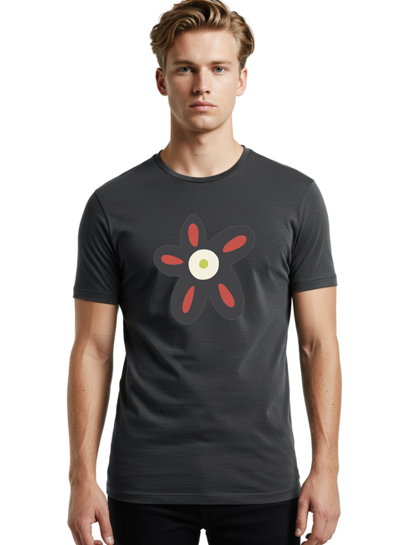 Men'S Graphic Tee, 100% Cotton, Comfortable Casual Summer Wear, Machine Washable, Stylized Flower, Floral Design, Modern Art, Abstract Flower, Minimalist Graphic, Six Petals, Bold Colors, Simple Shapes Aad666 22
