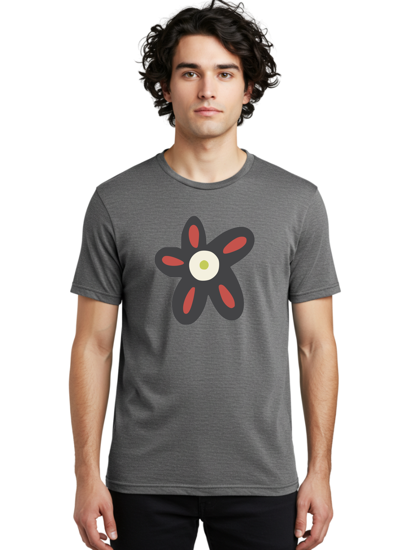Men'S Graphic Tee, 100% Cotton, Comfortable Casual Summer Wear, Machine Washable, Stylized Flower, Floral Design, Modern Art, Abstract Flower, Minimalist Graphic, Six Petals, Bold Colors, Simple Shapes Aad666 26