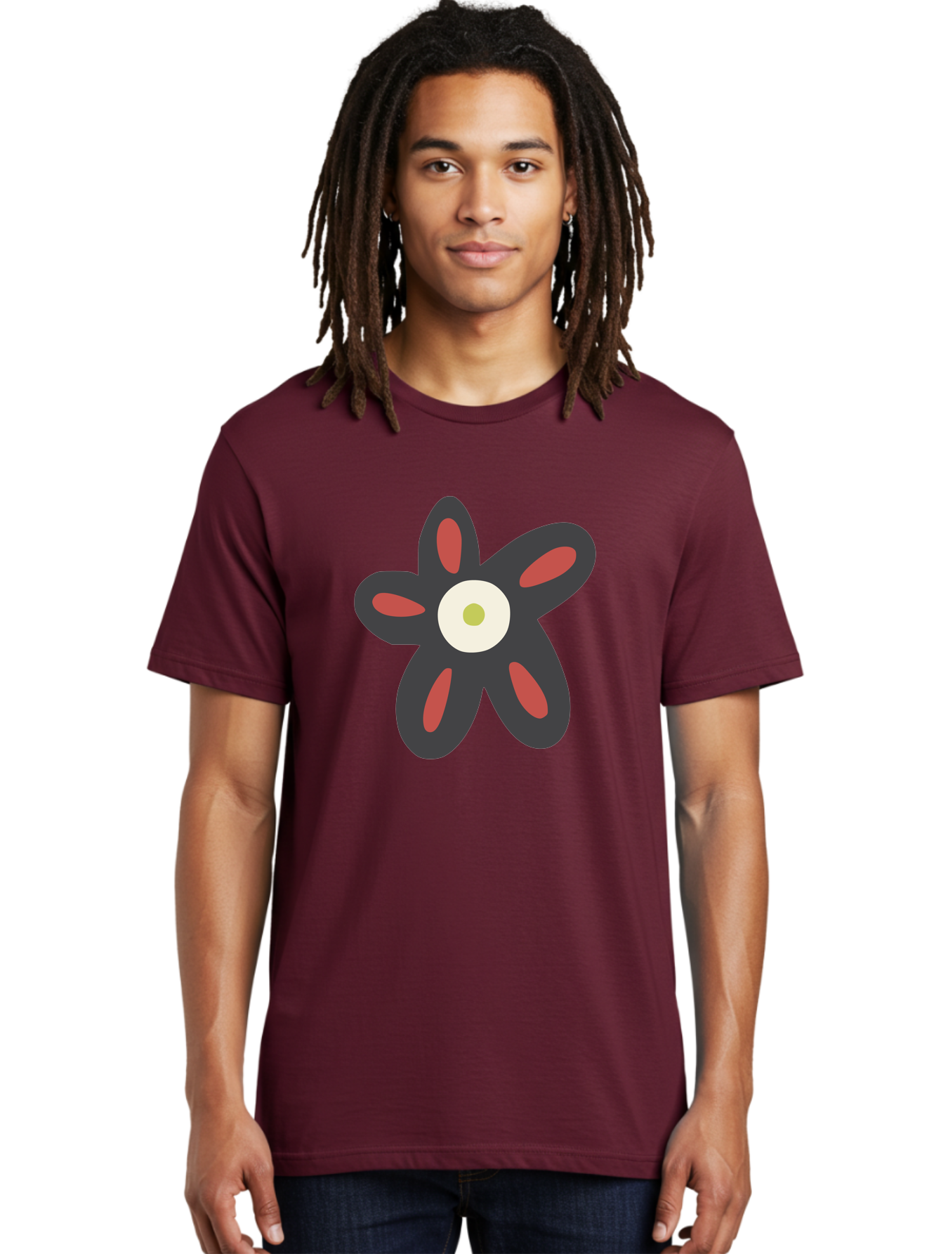Men'S Graphic Tee, 100% Cotton, Comfortable Casual Summer Wear, Machine Washable, Stylized Flower, Floral Design, Modern Art, Abstract Flower, Minimalist Graphic, Six Petals, Bold Colors, Simple Shapes Aad666 24