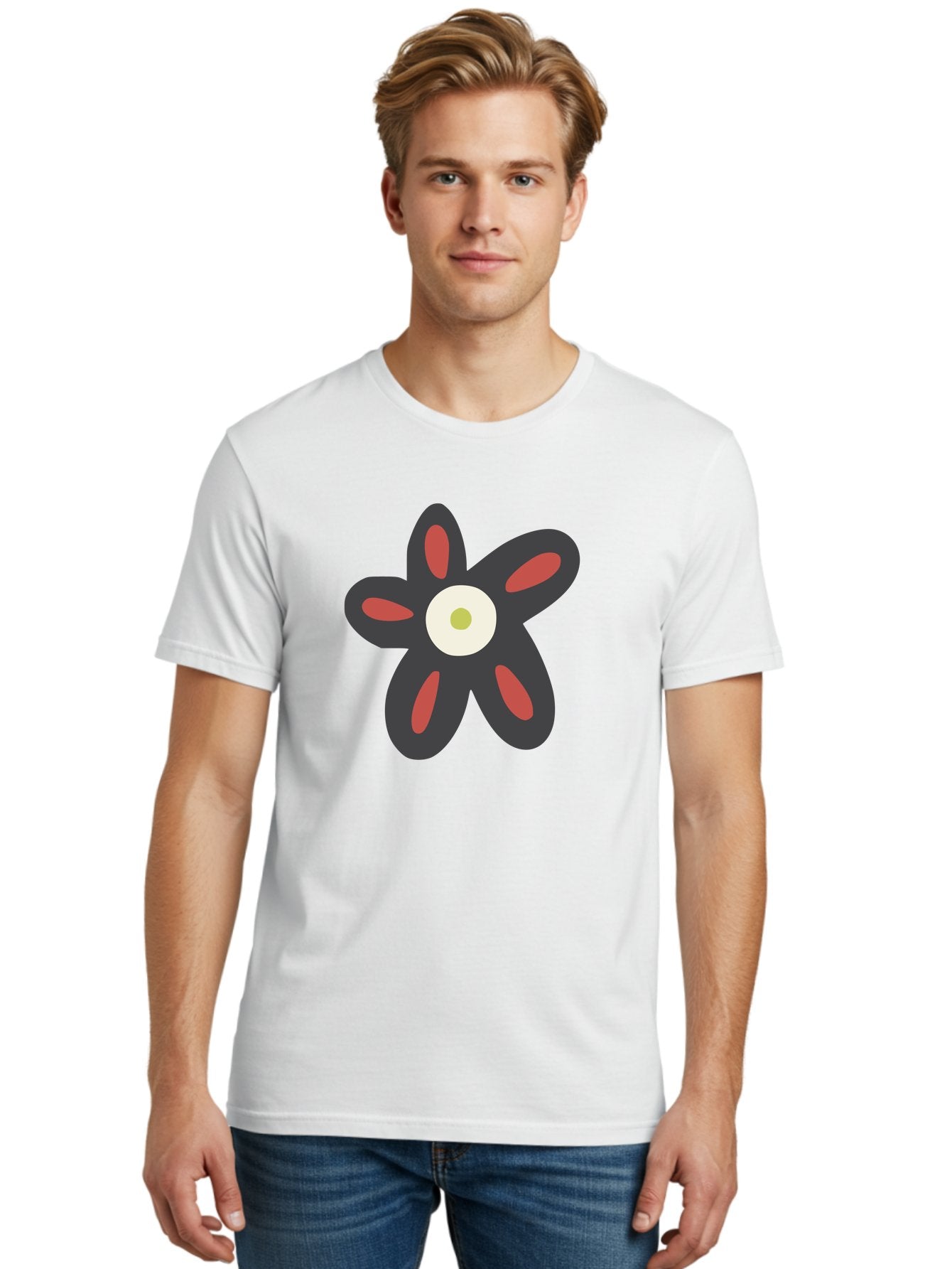 Men'S Graphic Tee, 100% Cotton, Comfortable Casual Summer Wear, Machine Washable, Stylized Flower, Floral Design, Modern Art, Abstract Flower, Minimalist Graphic, Six Petals, Bold Colors, Simple Shapes Aad666 30