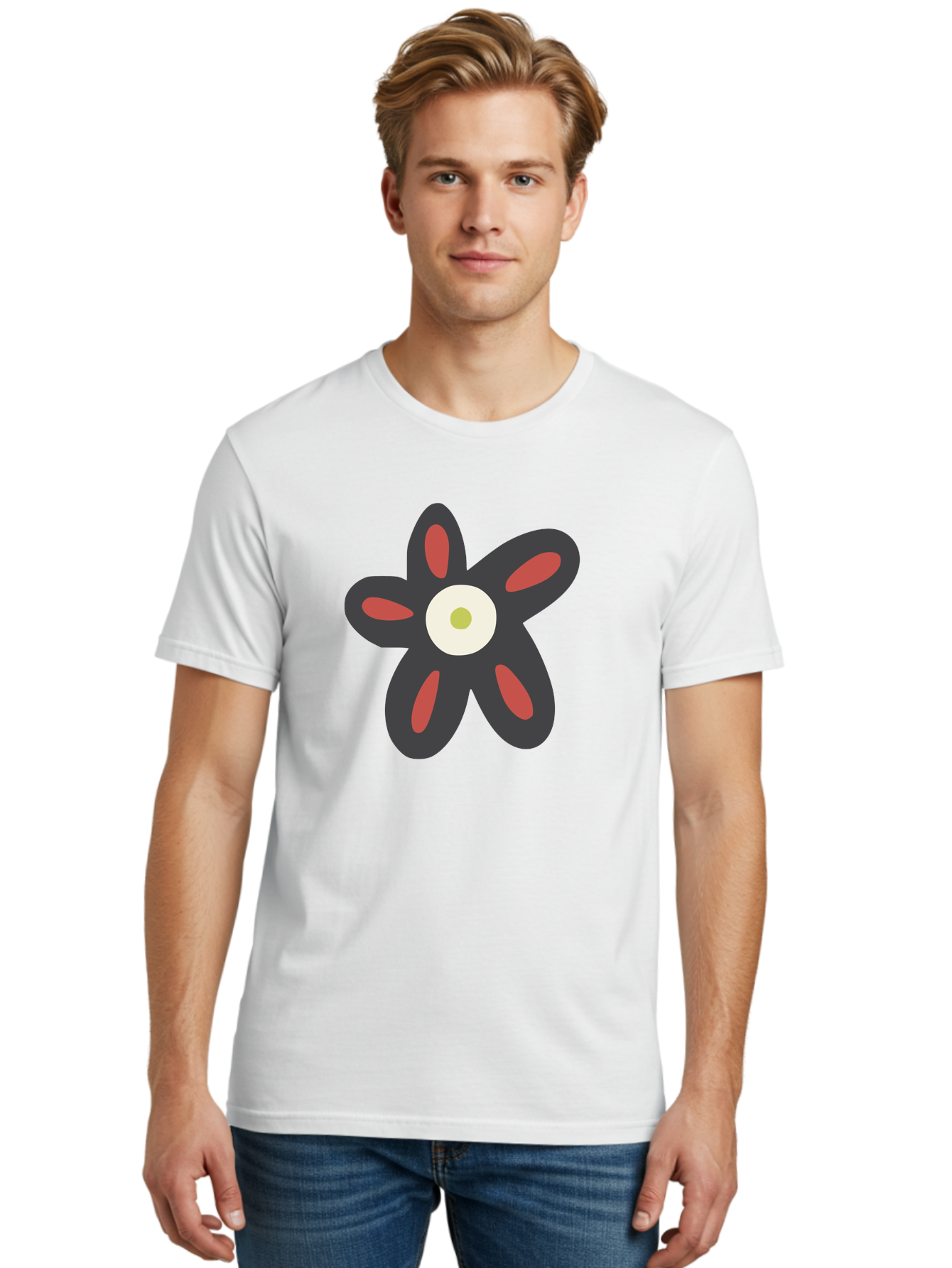 Men'S Graphic Tee, 100% Cotton, Comfortable Casual Summer Wear, Machine Washable, Stylized Flower, Floral Design, Modern Art, Abstract Flower, Minimalist Graphic, Six Petals, Bold Colors, Simple Shapes Aad666