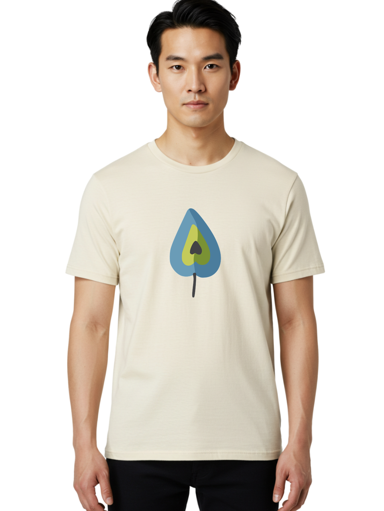 Avocado-1 Men'S Graphic Tee, 100% Cotton, Comfortable Casual Summer Wear, Machine Washable, Stylized Leaf, Blue And Yellow Design, Heart-Shaped Center, Black Stem, Abstract Art, Modern Illustration, Symbolic Leaf, Minimalist Graphic Aad668