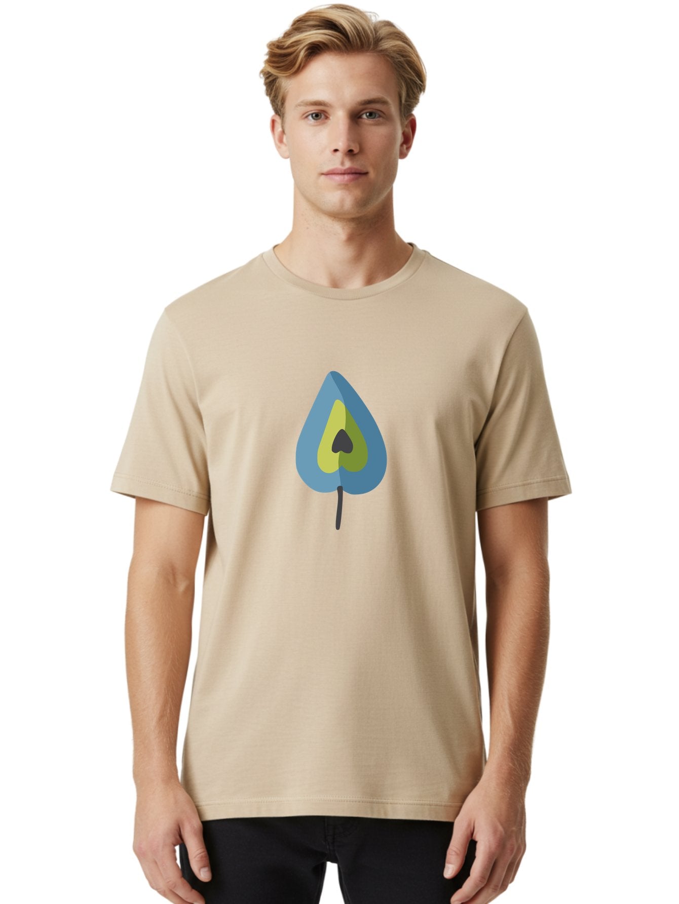Avocado-1 Men'S Graphic Tee, 100% Cotton, Comfortable Casual Summer Wear, Machine Washable, Stylized Leaf, Blue And Yellow Design, Heart-Shaped Center, Black Stem, Abstract Art, Modern Illustration, Symbolic Leaf, Minimalist Graphic Aad668 19