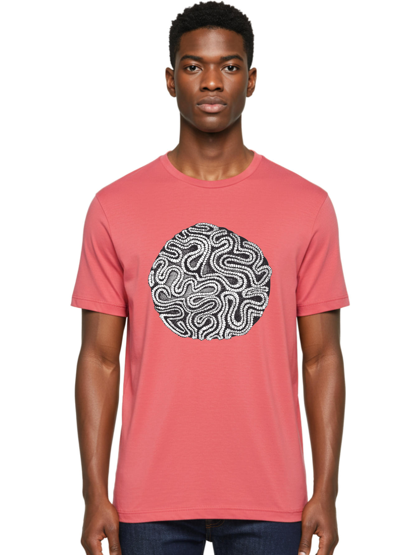Black-And-White-Patterned-Circle Men'S Graphic Tee, 100% Cotton, Comfortable Casual Summer Wear, Machine Washable, Stippled Artwork, Abstract Design, Black And White Illustration, Dotwork Technique, Maze Pattern, Psychedelic Art, Aad674 6