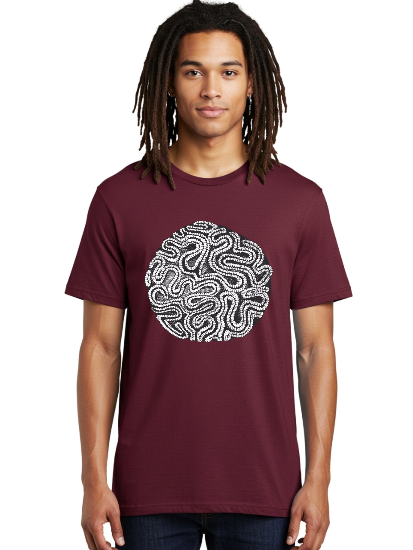 Black-And-White-Patterned-Circle Men'S Graphic Tee, 100% Cotton, Comfortable Casual Summer Wear, Machine Washable, Stippled Artwork, Abstract Design, Black And White Illustration, Dotwork Technique, Maze Pattern, Psychedelic Art, Aad674 25
