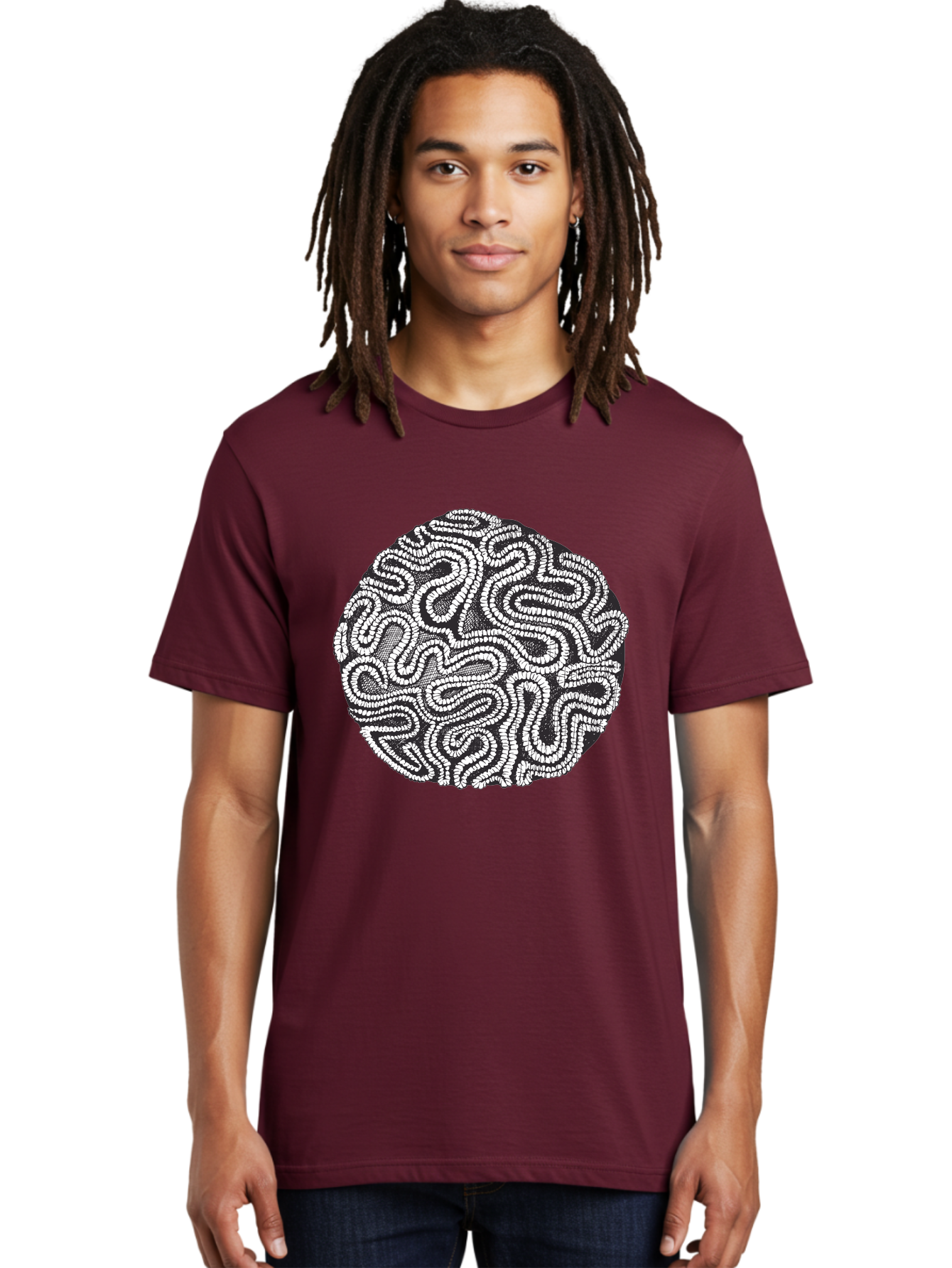 Black-And-White-Patterned-Circle Men'S Graphic Tee, 100% Cotton, Comfortable Casual Summer Wear, Machine Washable, Stippled Artwork, Abstract Design, Black And White Illustration, Dotwork Technique, Maze Pattern, Psychedelic Art, Aad674 12