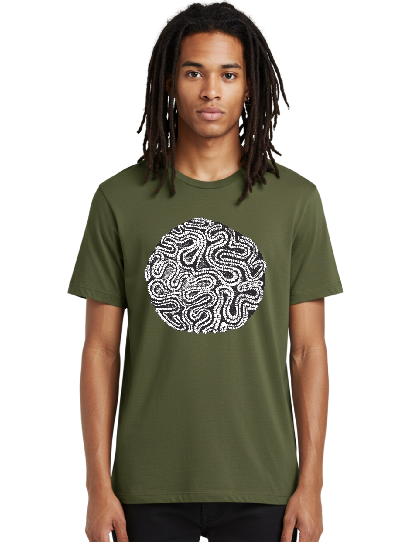 Black-And-White-Patterned-Circle Men'S Graphic Tee, 100% Cotton, Comfortable Casual Summer Wear, Machine Washable, Stippled Artwork, Abstract Design, Black And White Illustration, Dotwork Technique, Maze Pattern, Psychedelic Art, Aad674 18