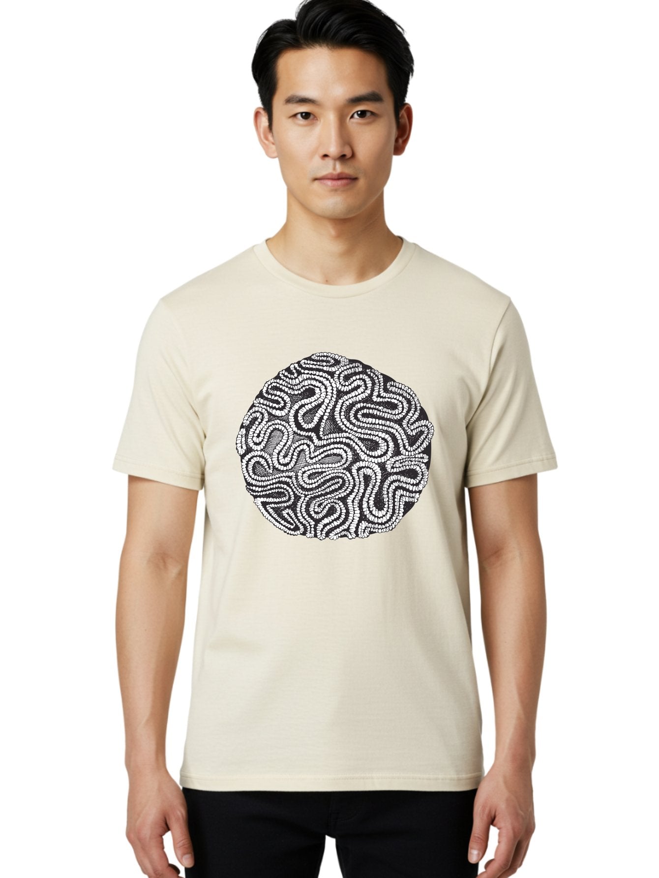 Black-And-White-Patterned-Circle Men'S Graphic Tee, 100% Cotton, Comfortable Casual Summer Wear, Machine Washable, Stippled Artwork, Abstract Design, Black And White Illustration, Dotwork Technique, Maze Pattern, Psychedelic Art, Aad674 24