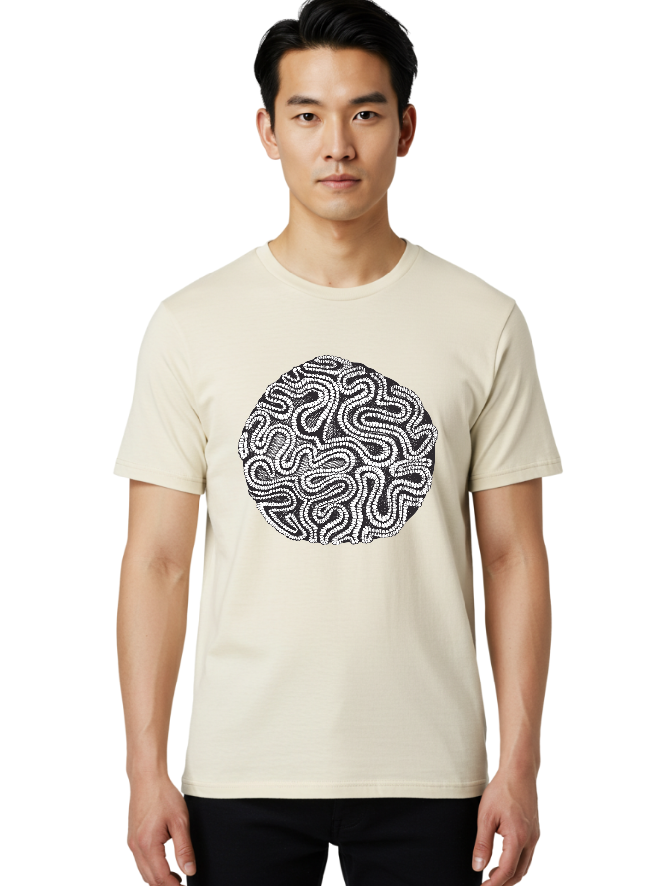 Black-And-White-Patterned-Circle Men'S Graphic Tee, 100% Cotton, Comfortable Casual Summer Wear, Machine Washable, Stippled Artwork, Abstract Design, Black And White Illustration, Dotwork Technique, Maze Pattern, Psychedelic Art, Aad674 14