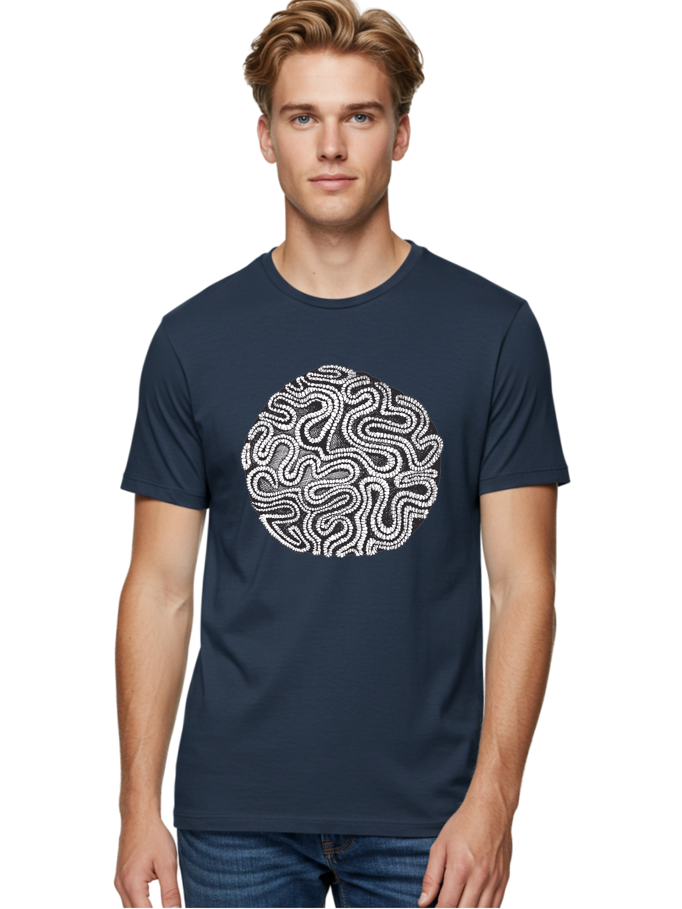 Black-And-White-Patterned-Circle Men'S Graphic Tee, 100% Cotton, Comfortable Casual Summer Wear, Machine Washable, Stippled Artwork, Abstract Design, Black And White Illustration, Dotwork Technique, Maze Pattern, Psychedelic Art, Aad674 20