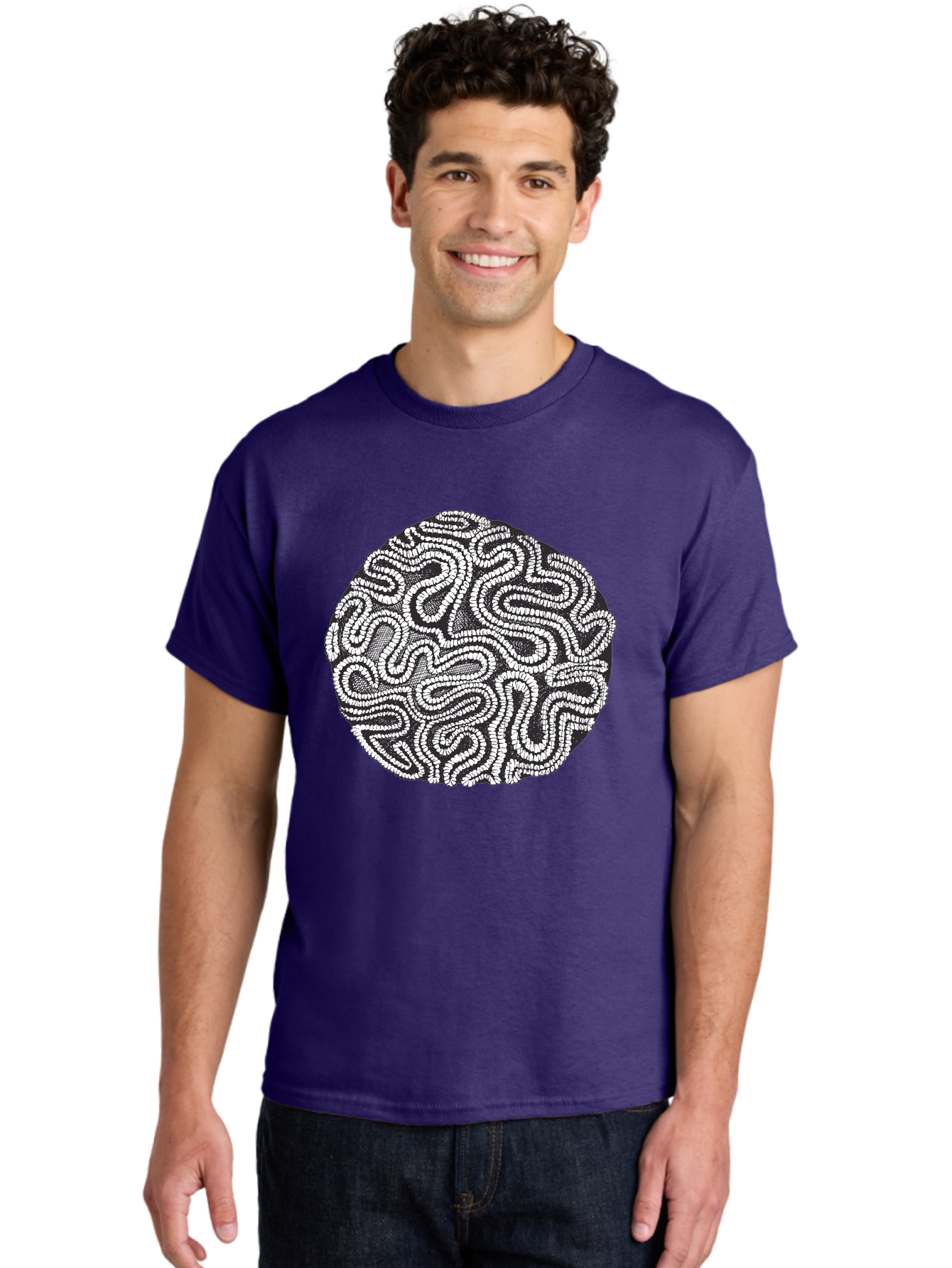 Black-And-White-Patterned-Circle Men'S Graphic Tee, 100% Cotton, Comfortable Casual Summer Wear, Machine Washable, Stippled Artwork, Abstract Design, Black And White Illustration, Dotwork Technique, Maze Pattern, Psychedelic Art, Aad674 26