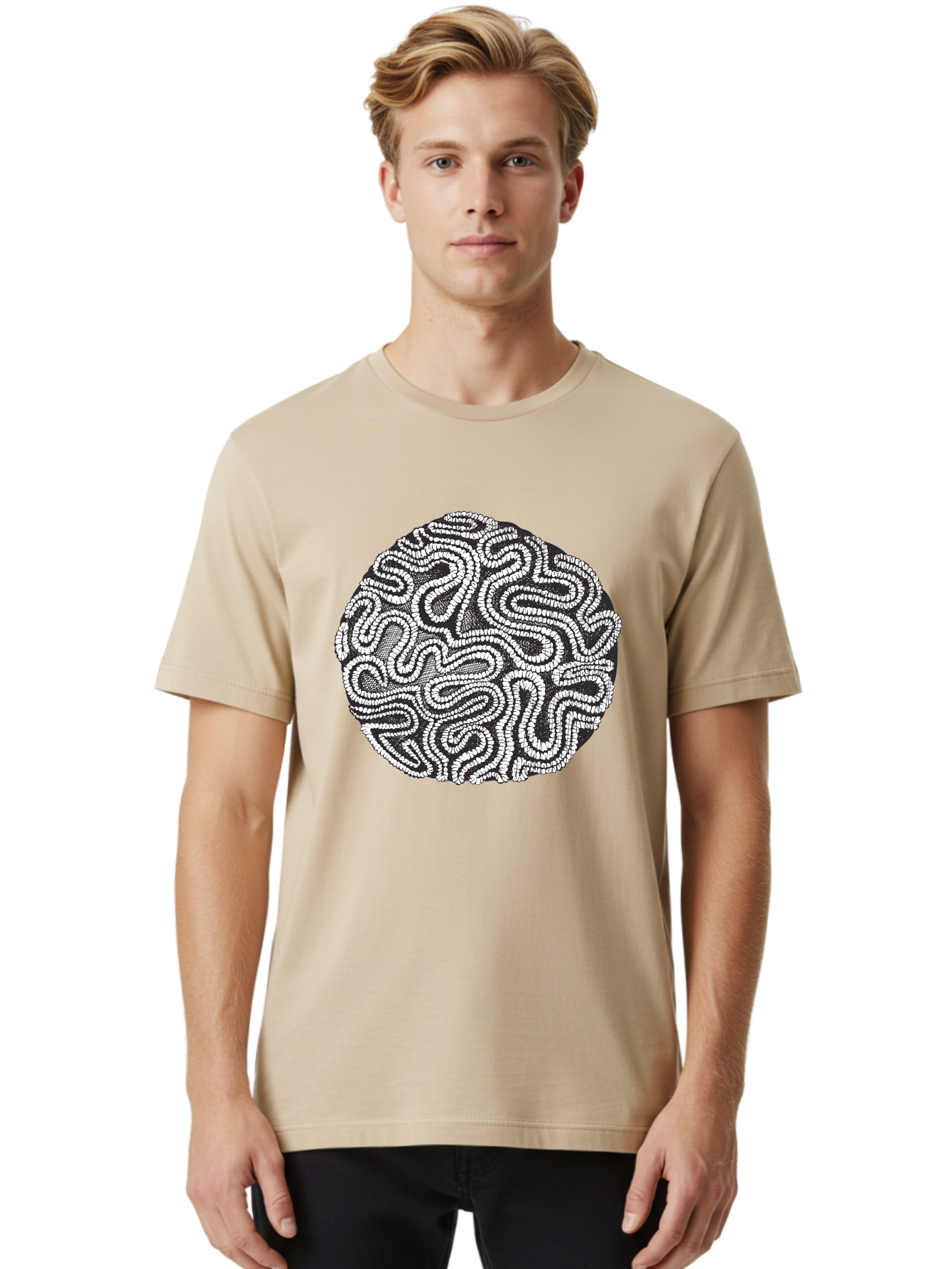 Black-And-White-Patterned-Circle Men'S Graphic Tee, 100% Cotton, Comfortable Casual Summer Wear, Machine Washable, Stippled Artwork, Abstract Design, Black And White Illustration, Dotwork Technique, Maze Pattern, Psychedelic Art, Aad674 16