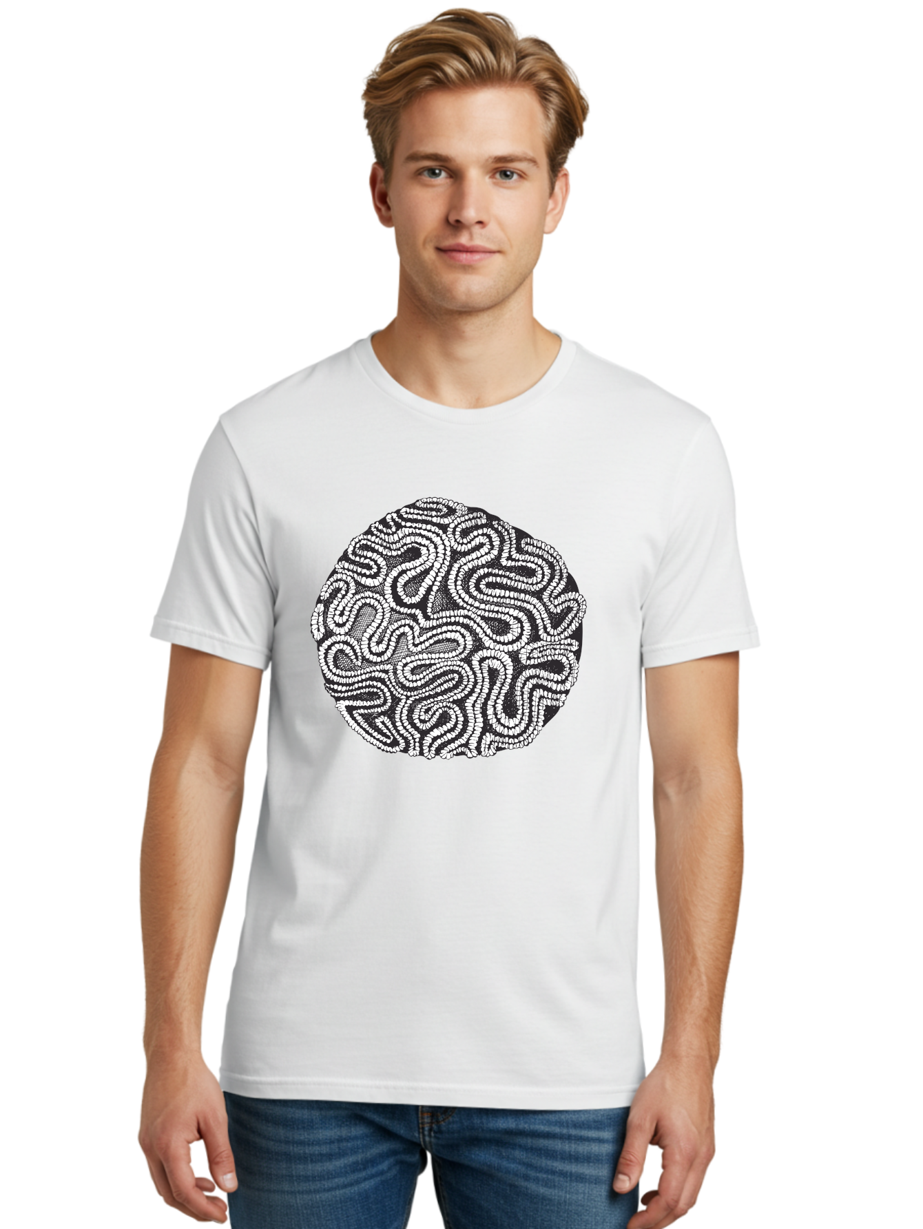 Black-And-White-Patterned-Circle Men'S Graphic Tee, 100% Cotton, Comfortable Casual Summer Wear, Machine Washable, Stippled Artwork, Abstract Design, Black And White Illustration, Dotwork Technique, Maze Pattern, Psychedelic Art, Aad674