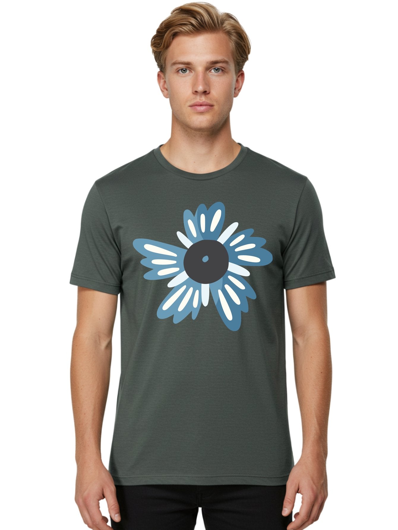 Blue-Flower Men'S Graphic Tee, 100% Cotton, Comfortable Casual Summer Wear, Machine Washable, Vinyl Record, Flower Graphic, Blue And White Petals, Black Center, Modern Art, Digital Illustration, Abstract Design, Creative Graphic Aad676 16