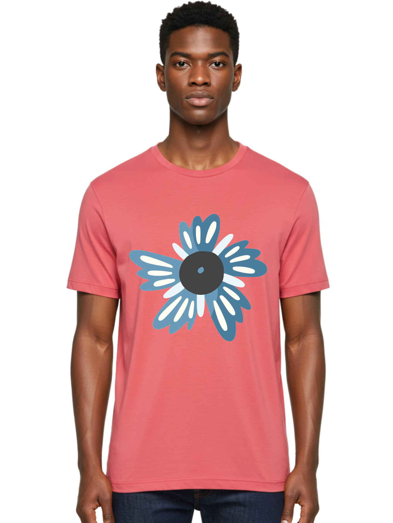 Blue-Flower Men'S Graphic Tee, 100% Cotton, Comfortable Casual Summer Wear, Machine Washable, Vinyl Record, Flower Graphic, Blue And White Petals, Black Center, Modern Art, Digital Illustration, Abstract Design, Creative Graphic Aad676 30