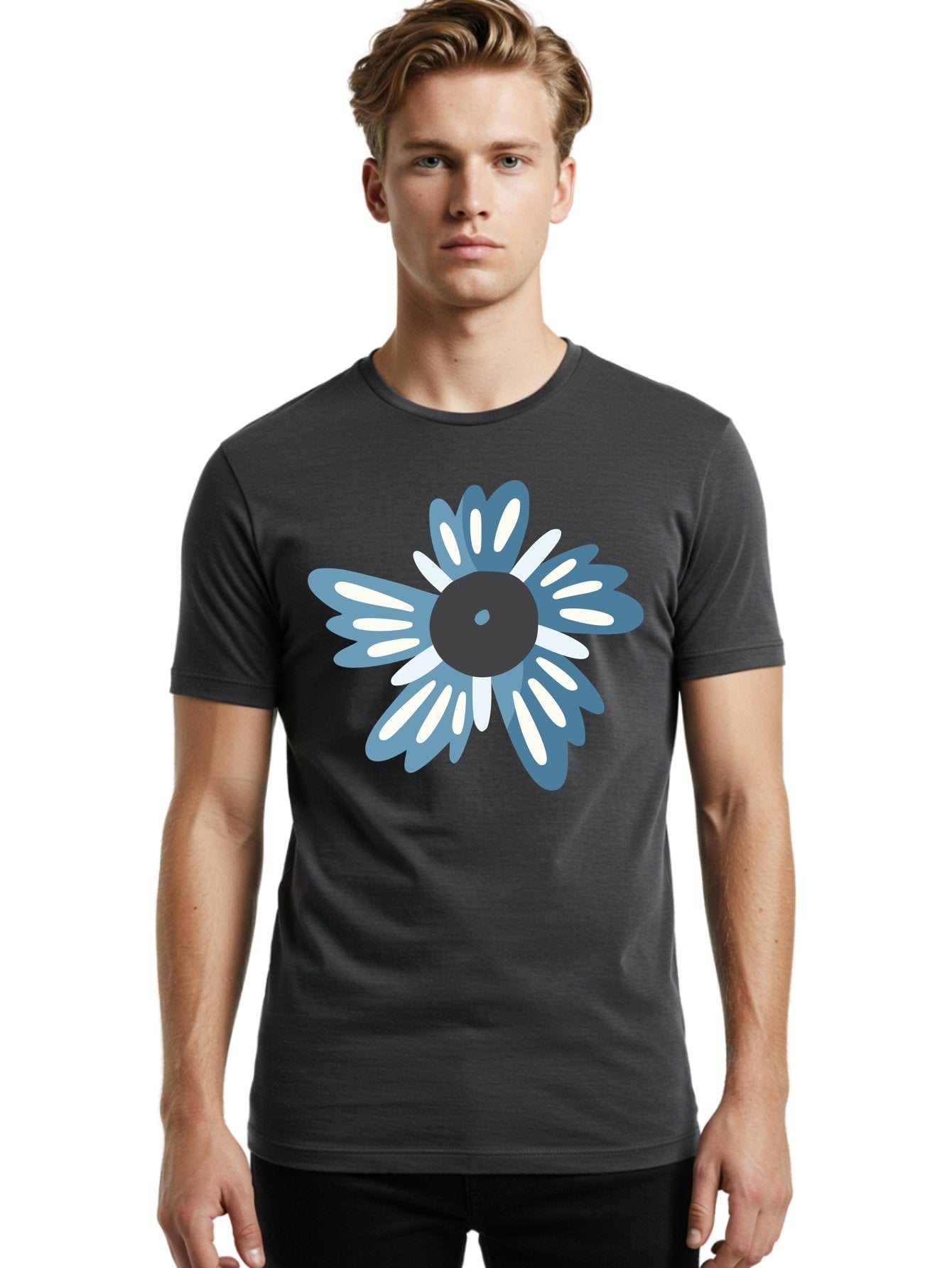 Blue-Flower Men'S Graphic Tee, 100% Cotton, Comfortable Casual Summer Wear, Machine Washable, Vinyl Record, Flower Graphic, Blue And White Petals, Black Center, Modern Art, Digital Illustration, Abstract Design, Creative Graphic Aad676 21