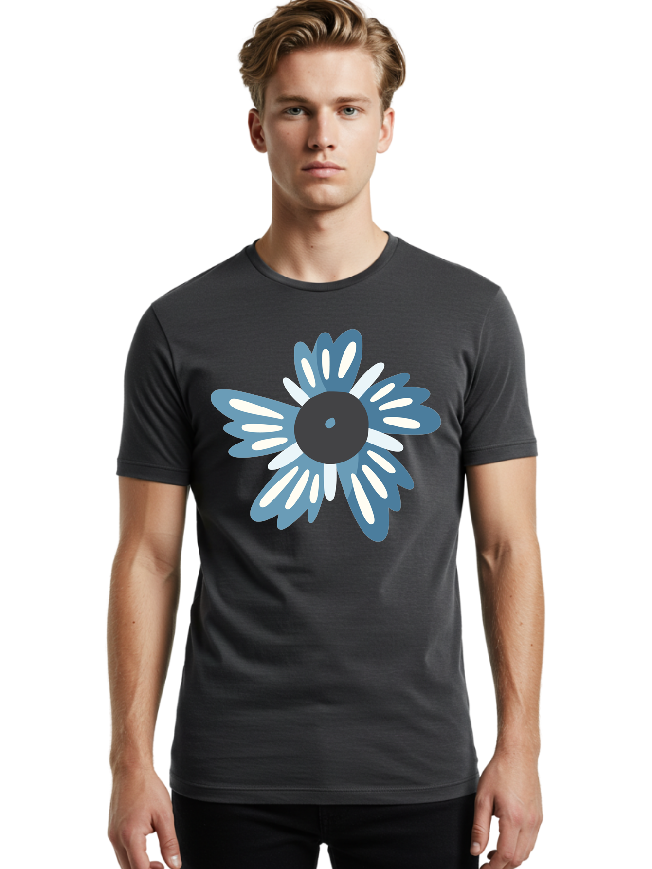 Blue-Flower Men'S Graphic Tee, 100% Cotton, Comfortable Casual Summer Wear, Machine Washable, Vinyl Record, Flower Graphic, Blue And White Petals, Black Center, Modern Art, Digital Illustration, Abstract Design, Creative Graphic Aad676 20