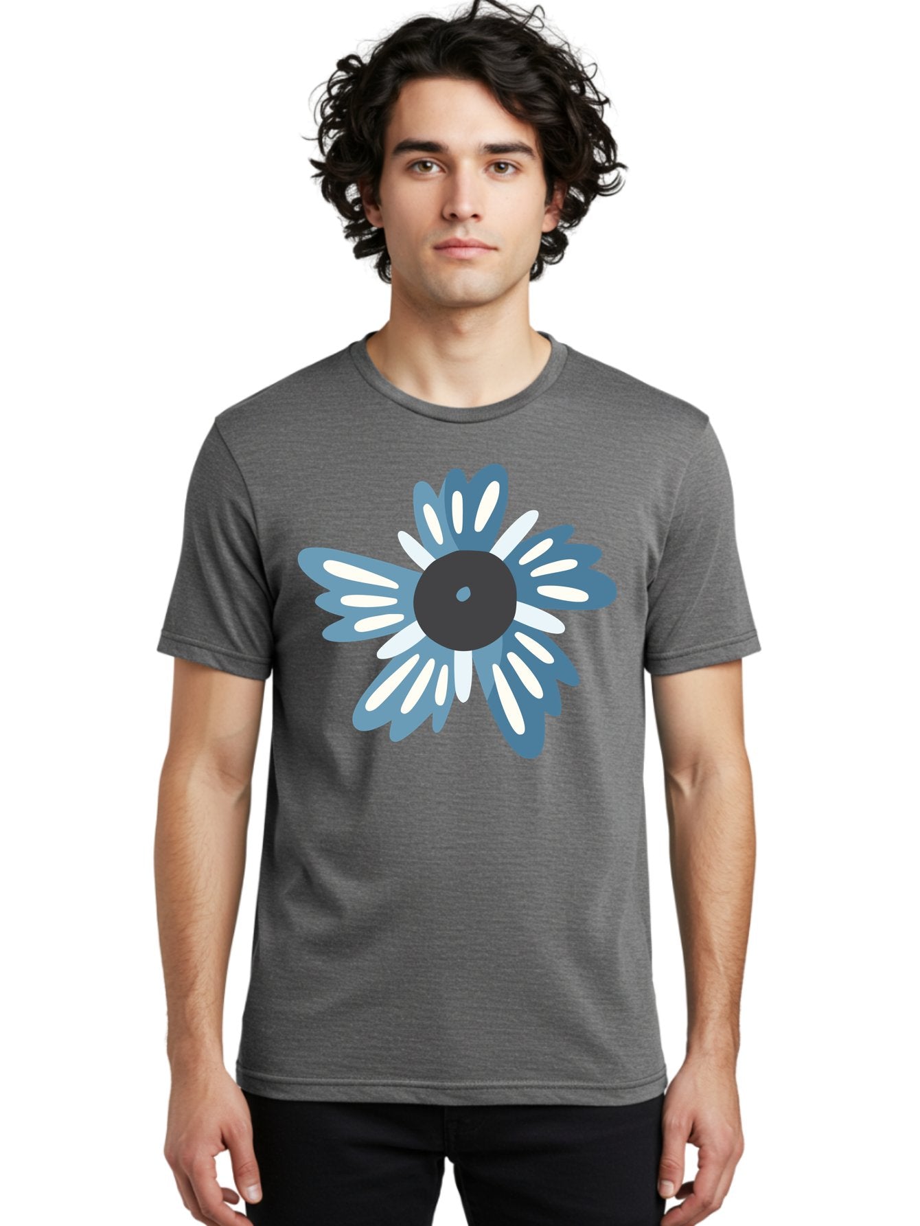 Blue-Flower Men'S Graphic Tee, 100% Cotton, Comfortable Casual Summer Wear, Machine Washable, Vinyl Record, Flower Graphic, Blue And White Petals, Black Center, Modern Art, Digital Illustration, Abstract Design, Creative Graphic Aad676 18