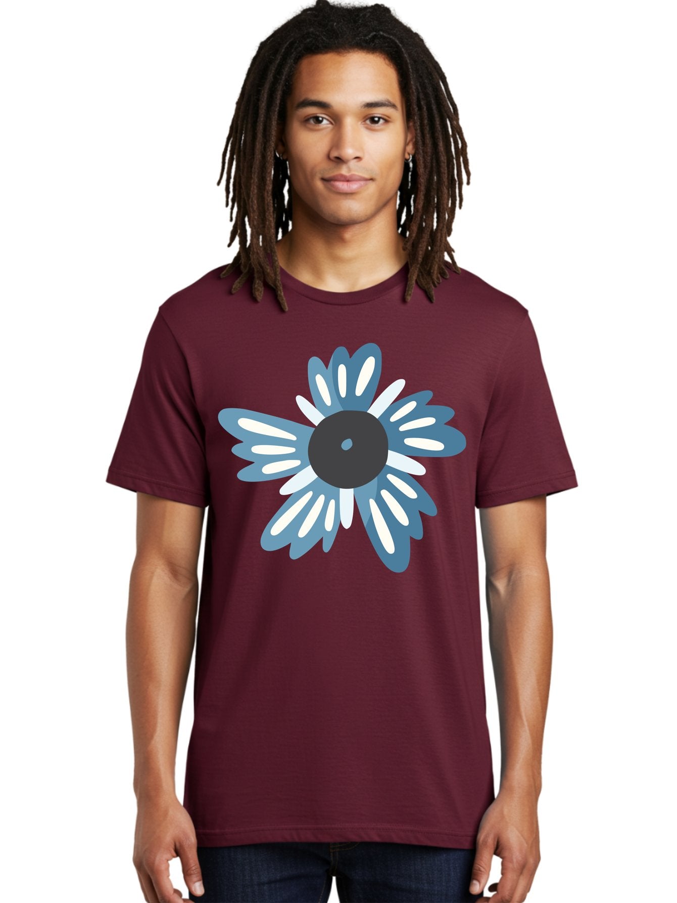 Blue-Flower Men'S Graphic Tee, 100% Cotton, Comfortable Casual Summer Wear, Machine Washable, Vinyl Record, Flower Graphic, Blue And White Petals, Black Center, Modern Art, Digital Illustration, Abstract Design, Creative Graphic Aad676 29