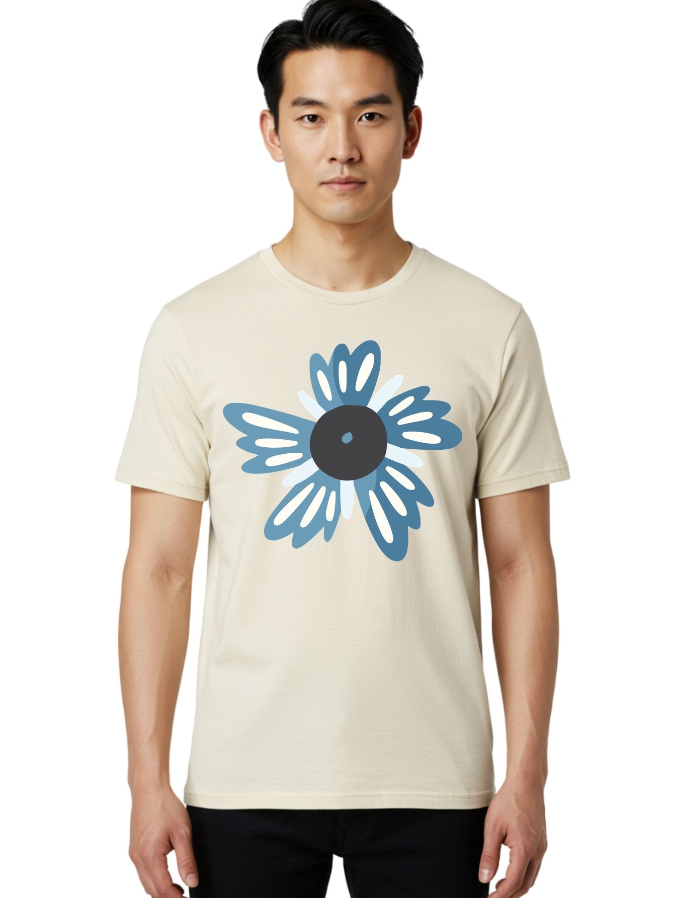 Blue-Flower Men'S Graphic Tee, 100% Cotton, Comfortable Casual Summer Wear, Machine Washable, Vinyl Record, Flower Graphic, Blue And White Petals, Black Center, Modern Art, Digital Illustration, Abstract Design, Creative Graphic Aad676 22