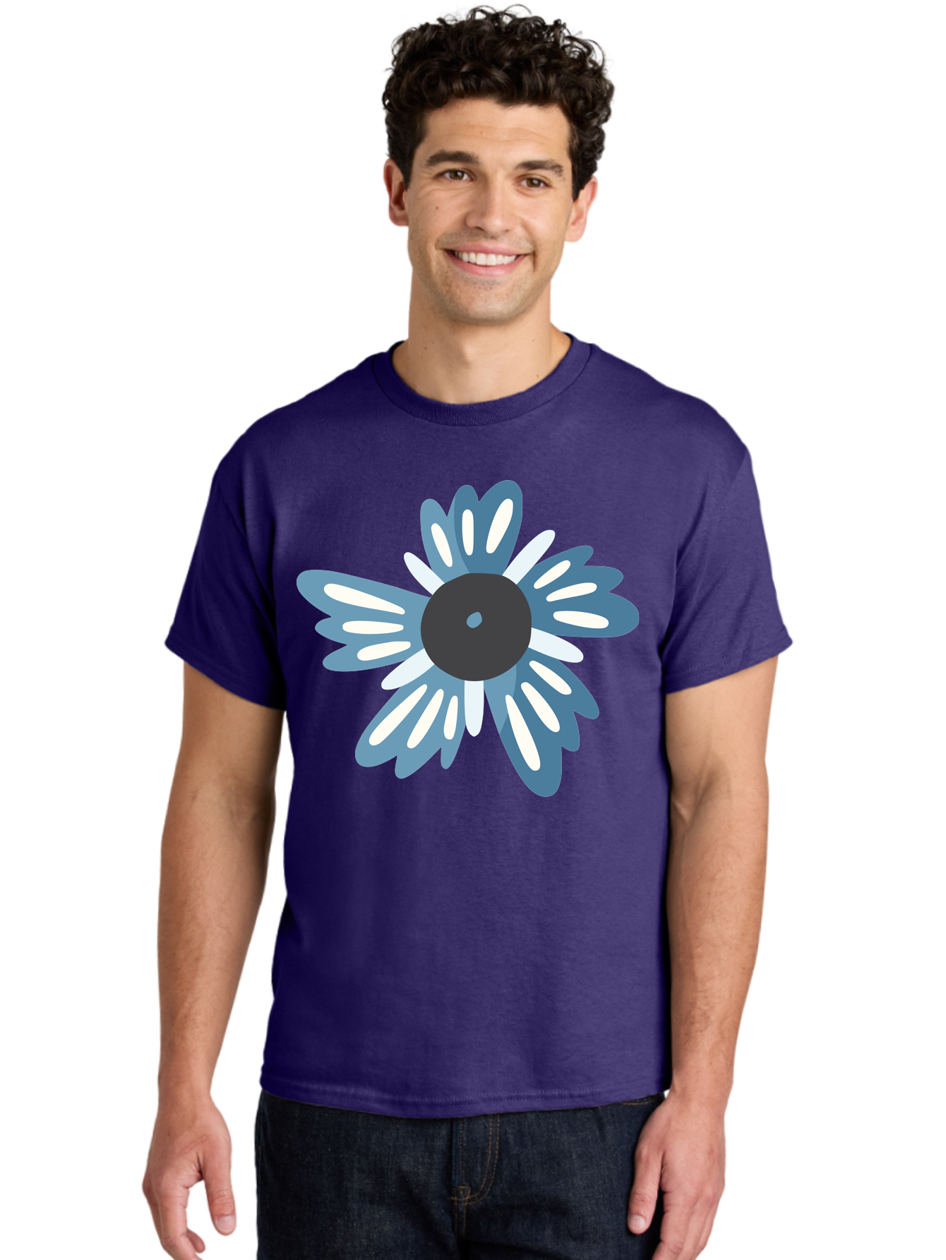 Blue-Flower Men'S Graphic Tee, 100% Cotton, Comfortable Casual Summer Wear, Machine Washable, Vinyl Record, Flower Graphic, Blue And White Petals, Black Center, Modern Art, Digital Illustration, Abstract Design, Creative Graphic Aad676 16
