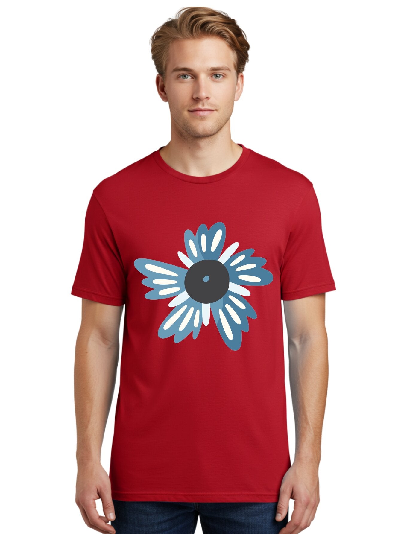 Blue-Flower Men'S Graphic Tee, 100% Cotton, Comfortable Casual Summer Wear, Machine Washable, Vinyl Record, Flower Graphic, Blue And White Petals, Black Center, Modern Art, Digital Illustration, Abstract Design, Creative Graphic Aad676 17