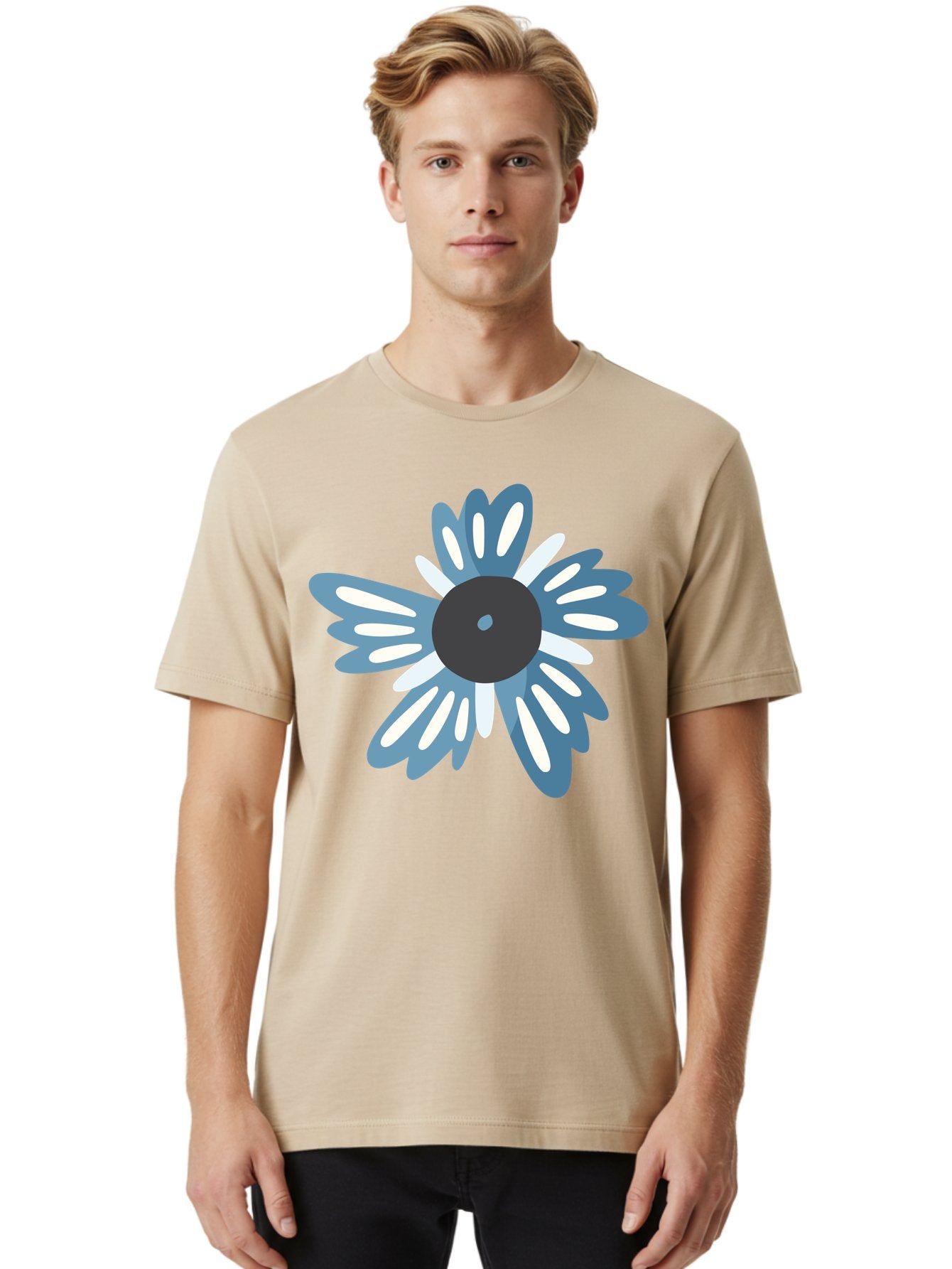 Blue-Flower Men'S Graphic Tee, 100% Cotton, Comfortable Casual Summer Wear, Machine Washable, Vinyl Record, Flower Graphic, Blue And White Petals, Black Center, Modern Art, Digital Illustration, Abstract Design, Creative Graphic Aad676 30