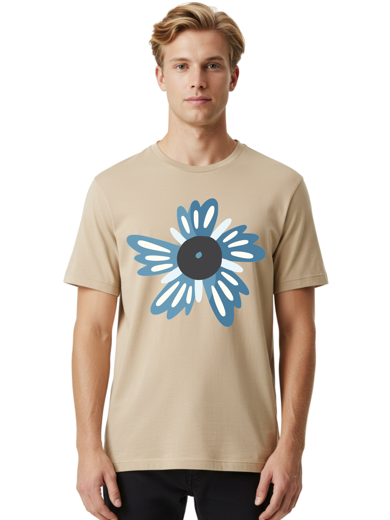 Blue-Flower Men'S Graphic Tee, 100% Cotton, Comfortable Casual Summer Wear, Machine Washable, Vinyl Record, Flower Graphic, Blue And White Petals, Black Center, Modern Art, Digital Illustration, Abstract Design, Creative Graphic Aad676