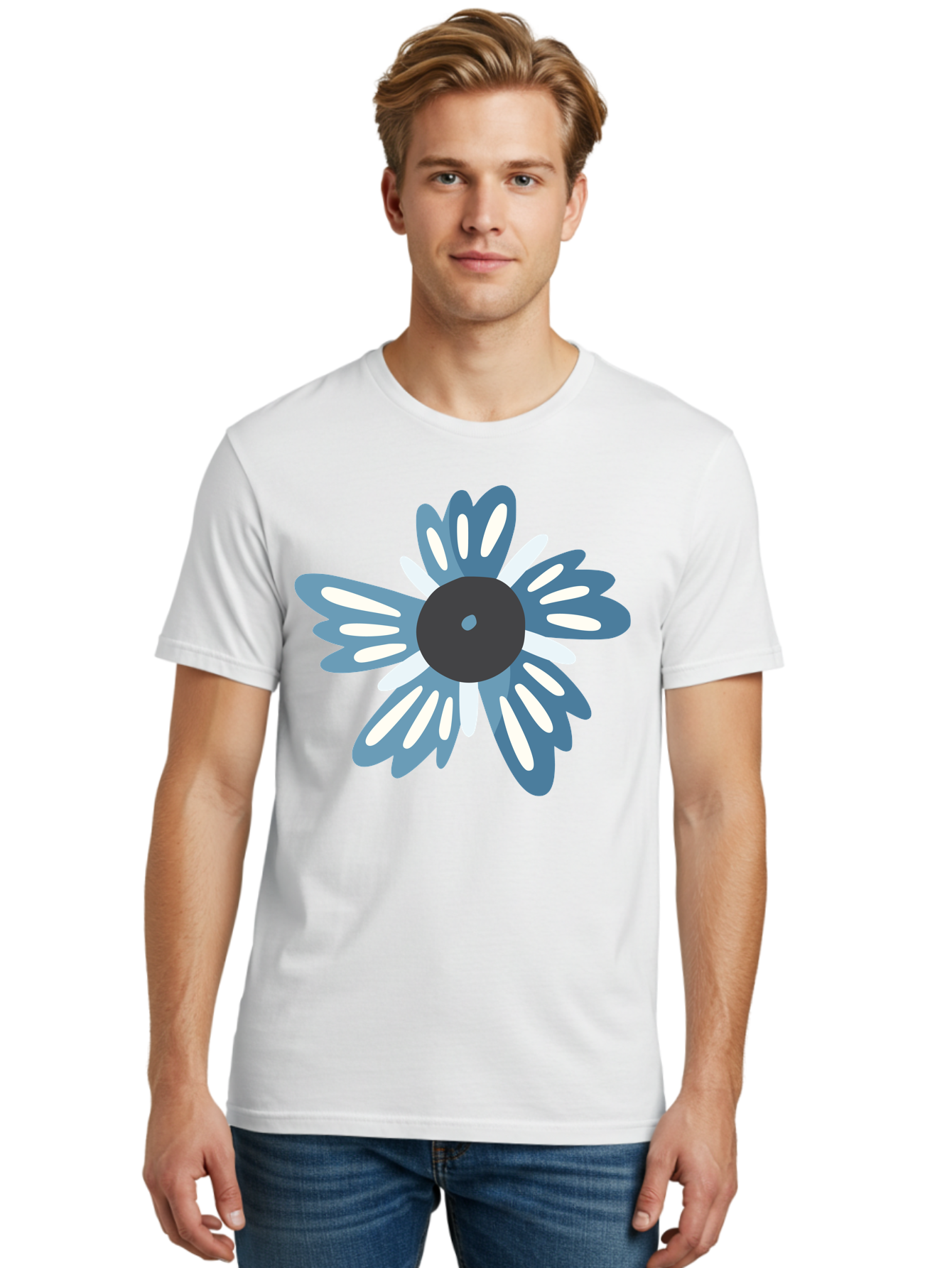 Blue-Flower Men'S Graphic Tee, 100% Cotton, Comfortable Casual Summer Wear, Machine Washable, Vinyl Record, Flower Graphic, Blue And White Petals, Black Center, Modern Art, Digital Illustration, Abstract Design, Creative Graphic Aad676 6