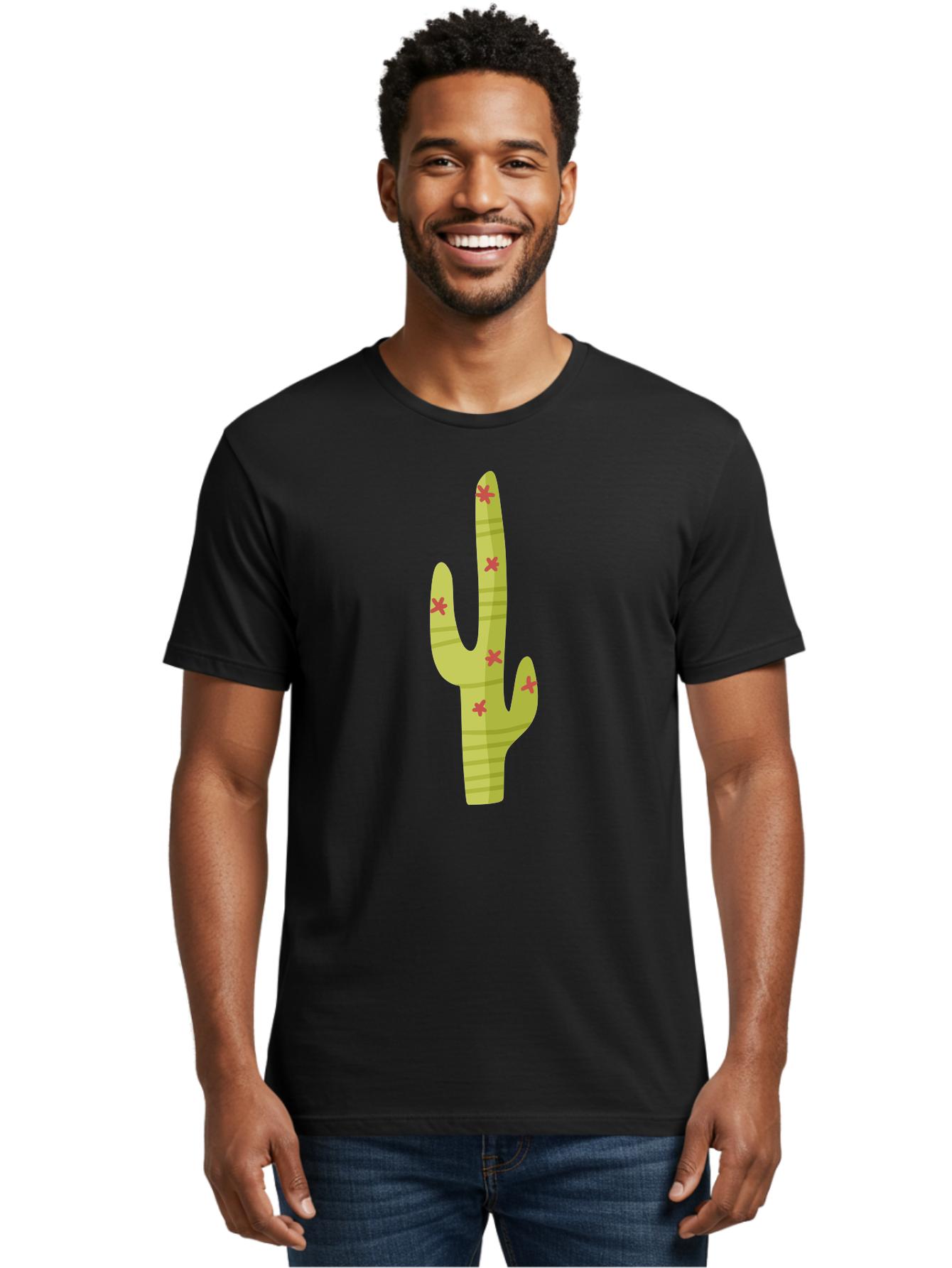 Cactus-1 Men'S Graphic Tee, 100% Cotton, Comfortable Casual Summer Wear, Machine Washable, Cartoon Cactus, Desert Flora, Prickly Plant, Red Flowers, Green Cactus, Southwestern Icon, Graphic Design Element, Simple Illustration, Stylized Cactus Aad677 24