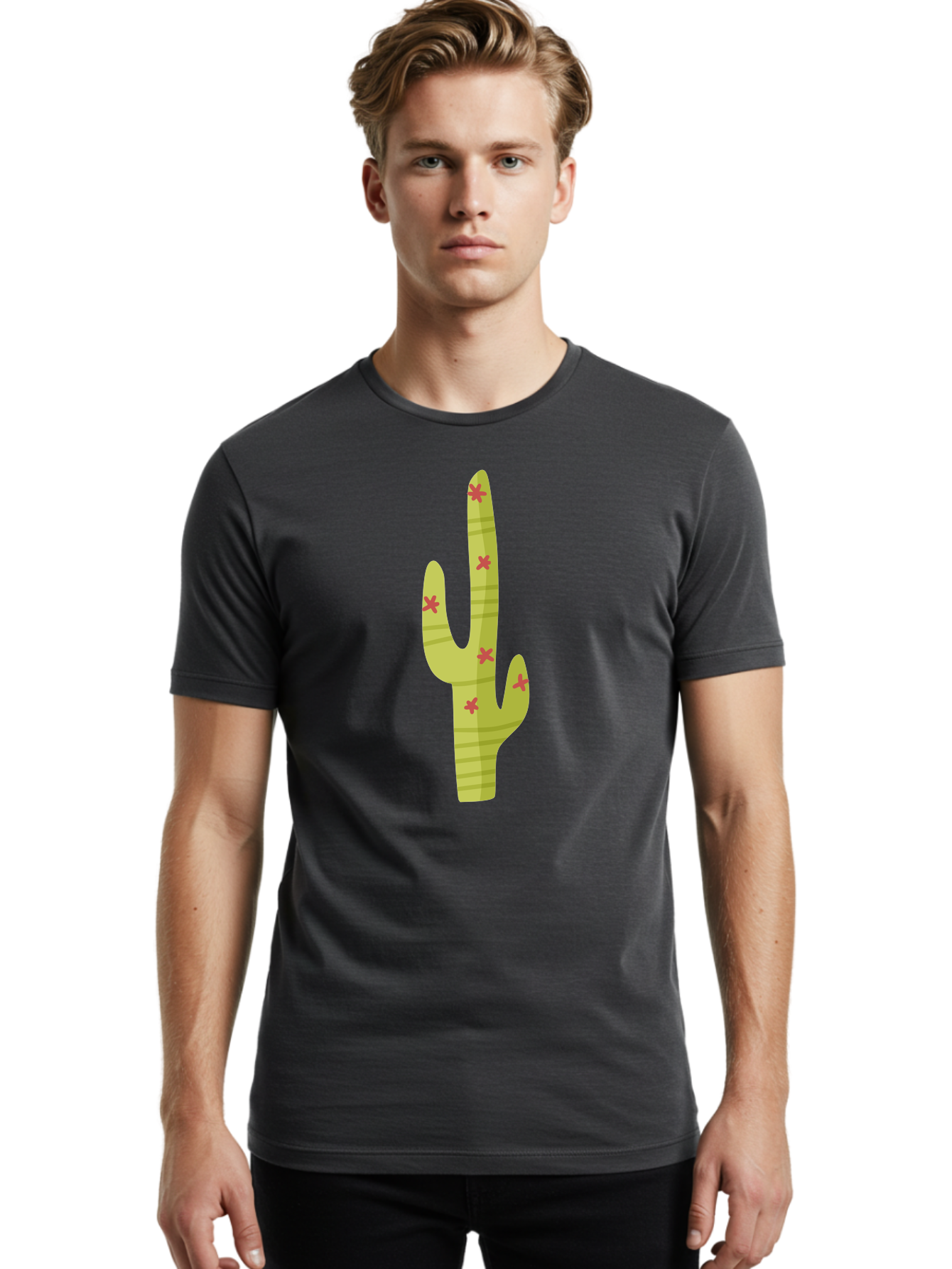 Cactus-1 Men'S Graphic Tee, 100% Cotton, Comfortable Casual Summer Wear, Machine Washable, Cartoon Cactus, Desert Flora, Prickly Plant, Red Flowers, Green Cactus, Southwestern Icon, Graphic Design Element, Simple Illustration, Stylized Cactus Aad677