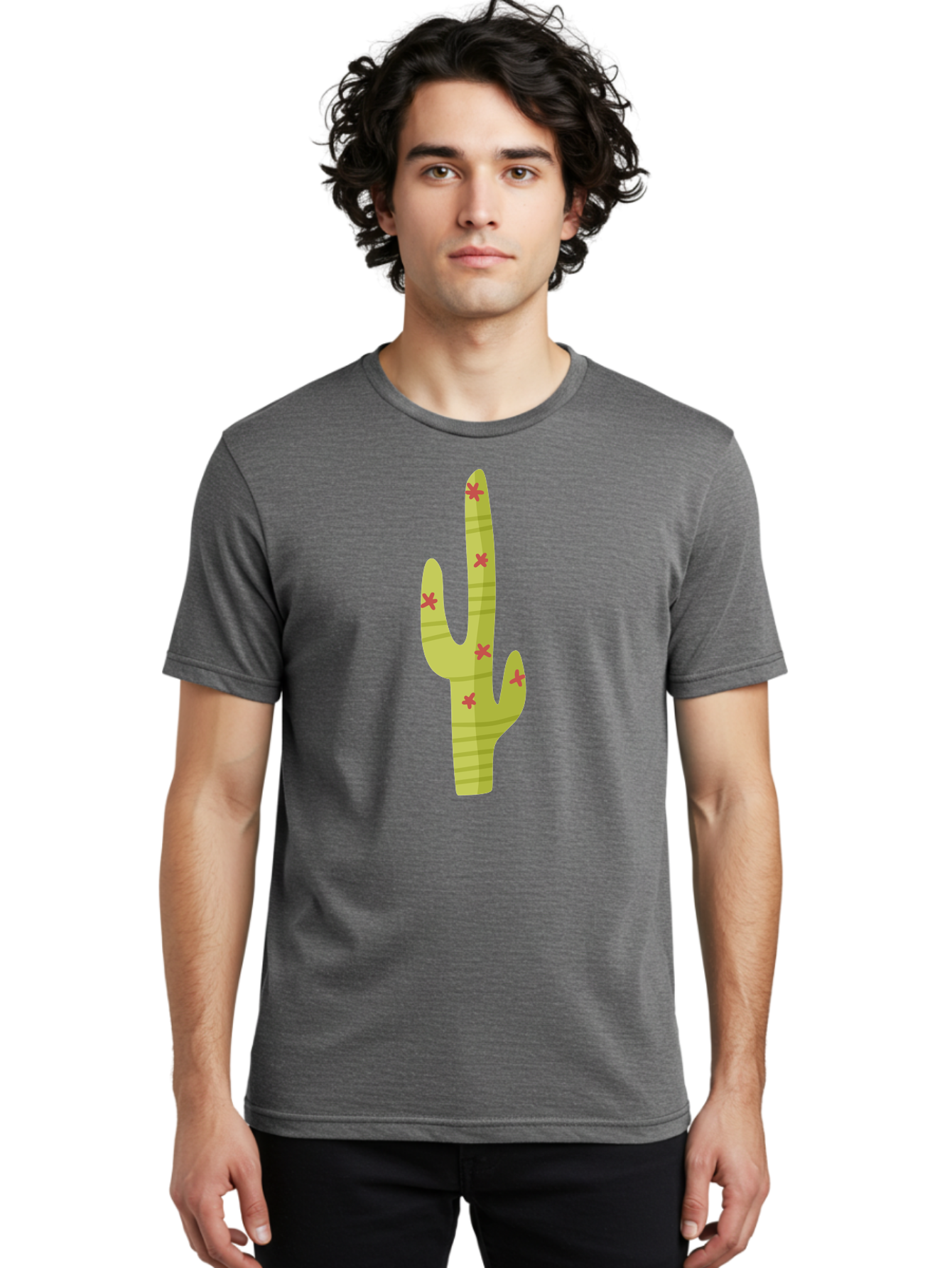 Cactus-1 Men'S Graphic Tee, 100% Cotton, Comfortable Casual Summer Wear, Machine Washable, Cartoon Cactus, Desert Flora, Prickly Plant, Red Flowers, Green Cactus, Southwestern Icon, Graphic Design Element, Simple Illustration, Stylized Cactus Aad677 20