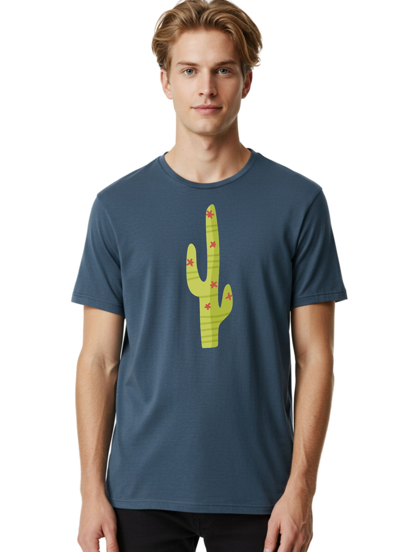 Cactus-1 Men'S Graphic Tee, 100% Cotton, Comfortable Casual Summer Wear, Machine Washable, Cartoon Cactus, Desert Flora, Prickly Plant, Red Flowers, Green Cactus, Southwestern Icon, Graphic Design Element, Simple Illustration, Stylized Cactus Aad677 28